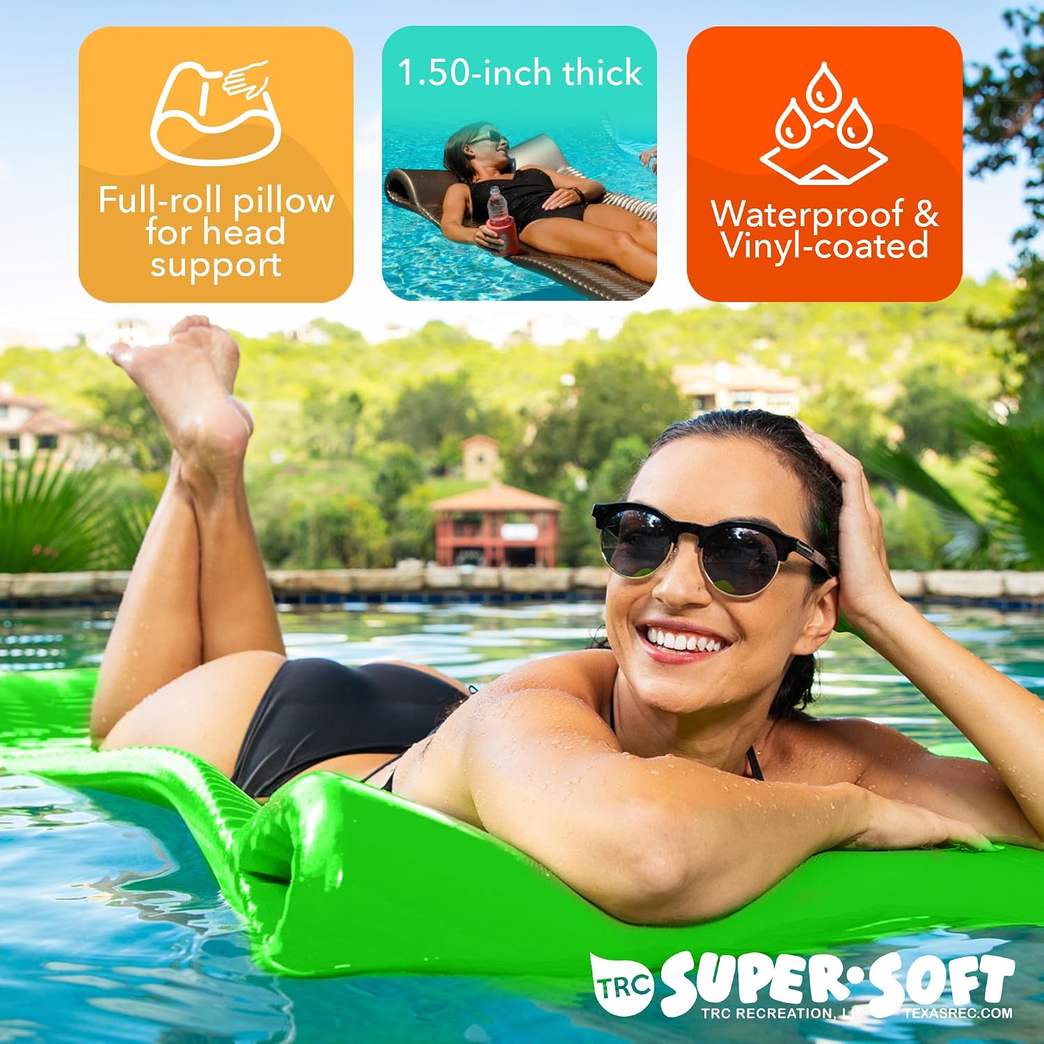 TRC Recreation Serenity 1.5” Thick Vinyl Coated Foam Swimming Pool Float Mat Adult Lounger with Built-in Roll Pillow