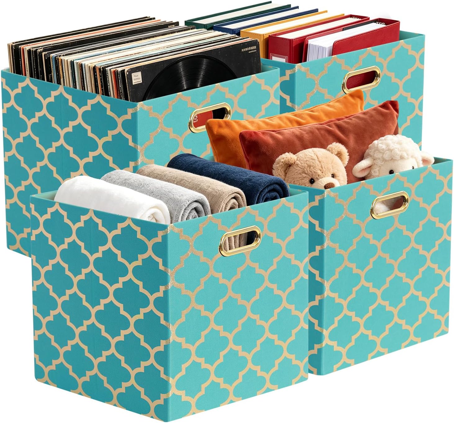 Posprica Storage Bins, Storage Cubes,13×13 Fabric Drawers Organizer Basket Boxes Containers (13×13×13/4pcs, Cream/gold geometry Pattern)