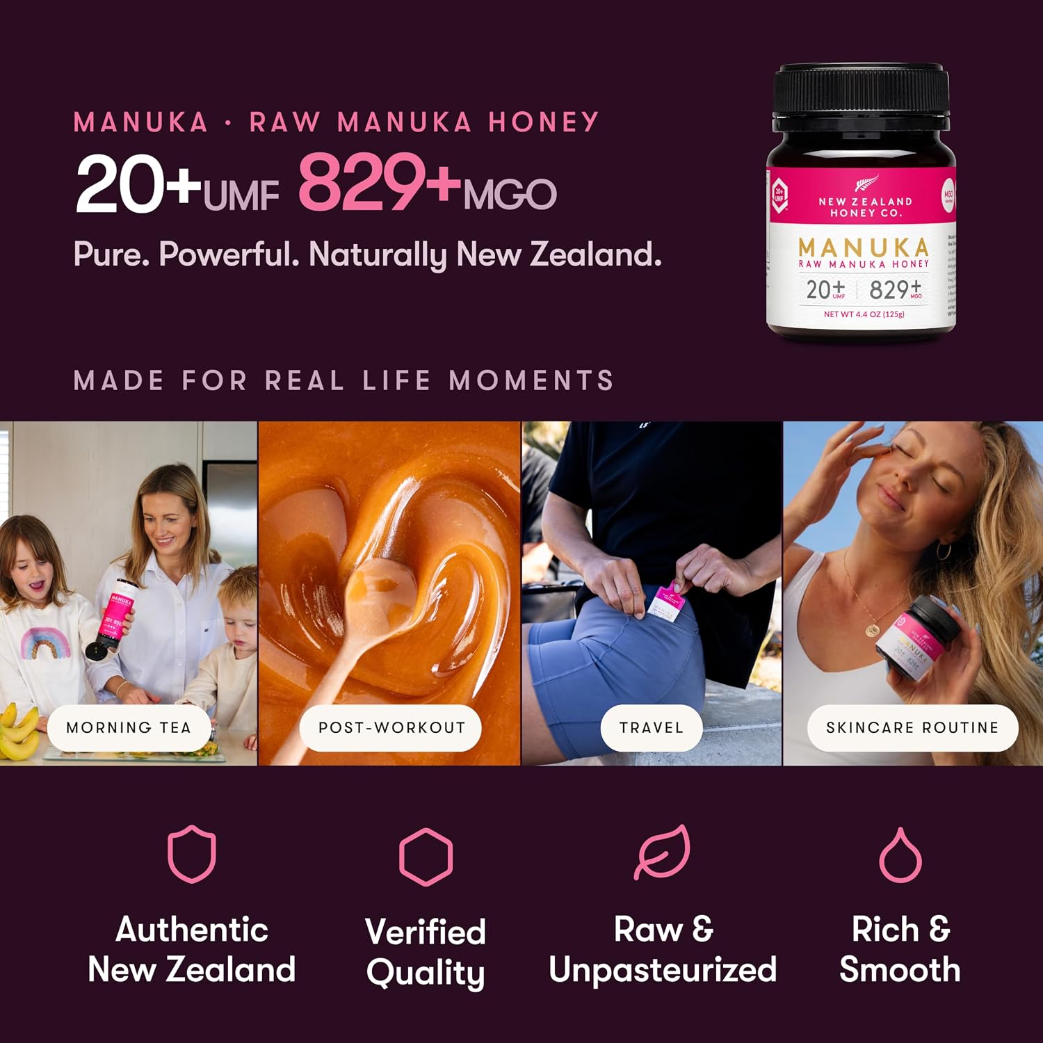 Raw Manuka Honey UMF 20+ MGO 829+, UMF Certified, 3rd Party Tested, 8.8oz