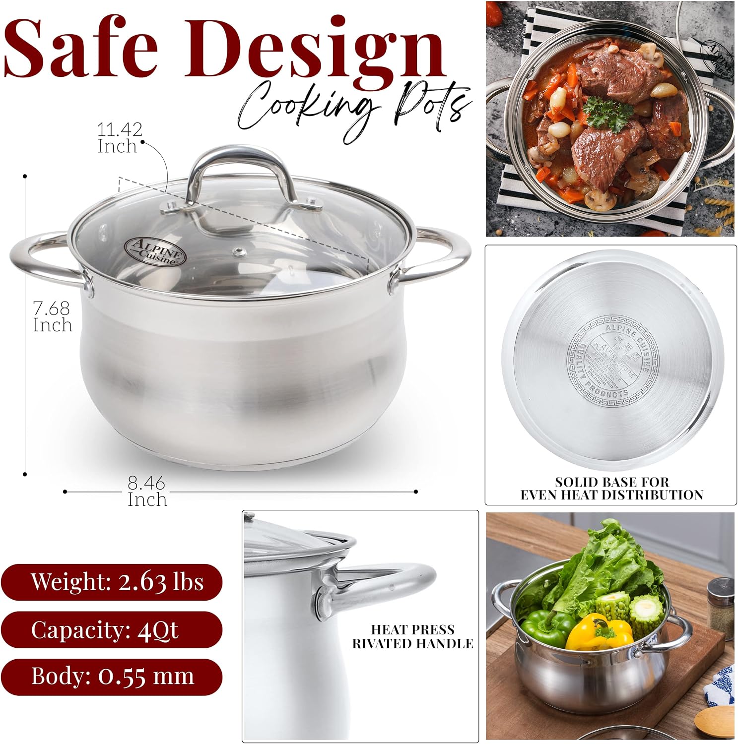 Alpine Cuisine 2-Quart Stainless Steel Dutch Oven with Tempered Glass Lid, Belly Shape, Heavy Duty & Dishwasher Safe