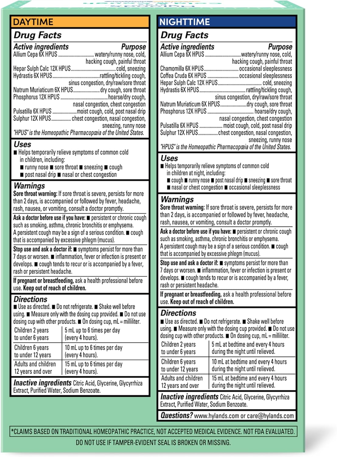 Hyland's Kids Cold and Cough, Day and Night Combo Pack, Cold Medicine for Ages 2 and up, Syrup Cough Medicine for Kids, Nasal Decongestant, 4 Fl Oz (Pack of 2)