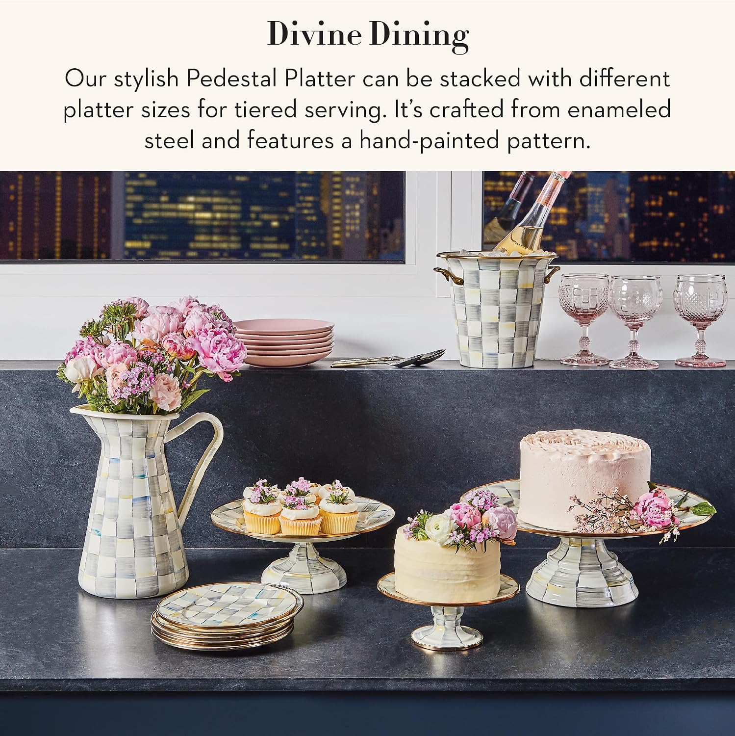 MACKENZIE-CHILDS Pedestal Platter, Mini, Black-and-White Courtly Check | Hand-painted design, made from enameled steel, stackable round cake stand for serving desserts, 8" dia. x 3" H