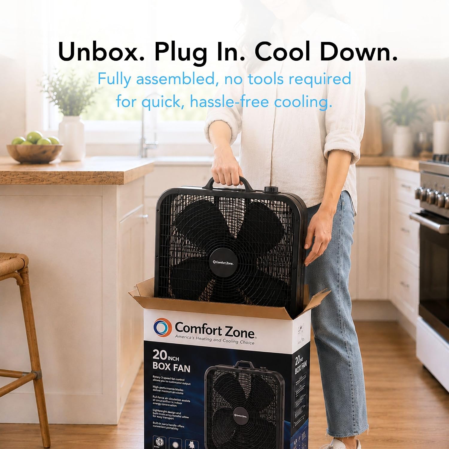 Comfort Zone Box Fan with Carry Handle, 20 inch, 3 Speed Full-Force Air Circulation Window Fan, Bedroom Floor Fan with 5 Blades, White Noise Cooling Fan, White