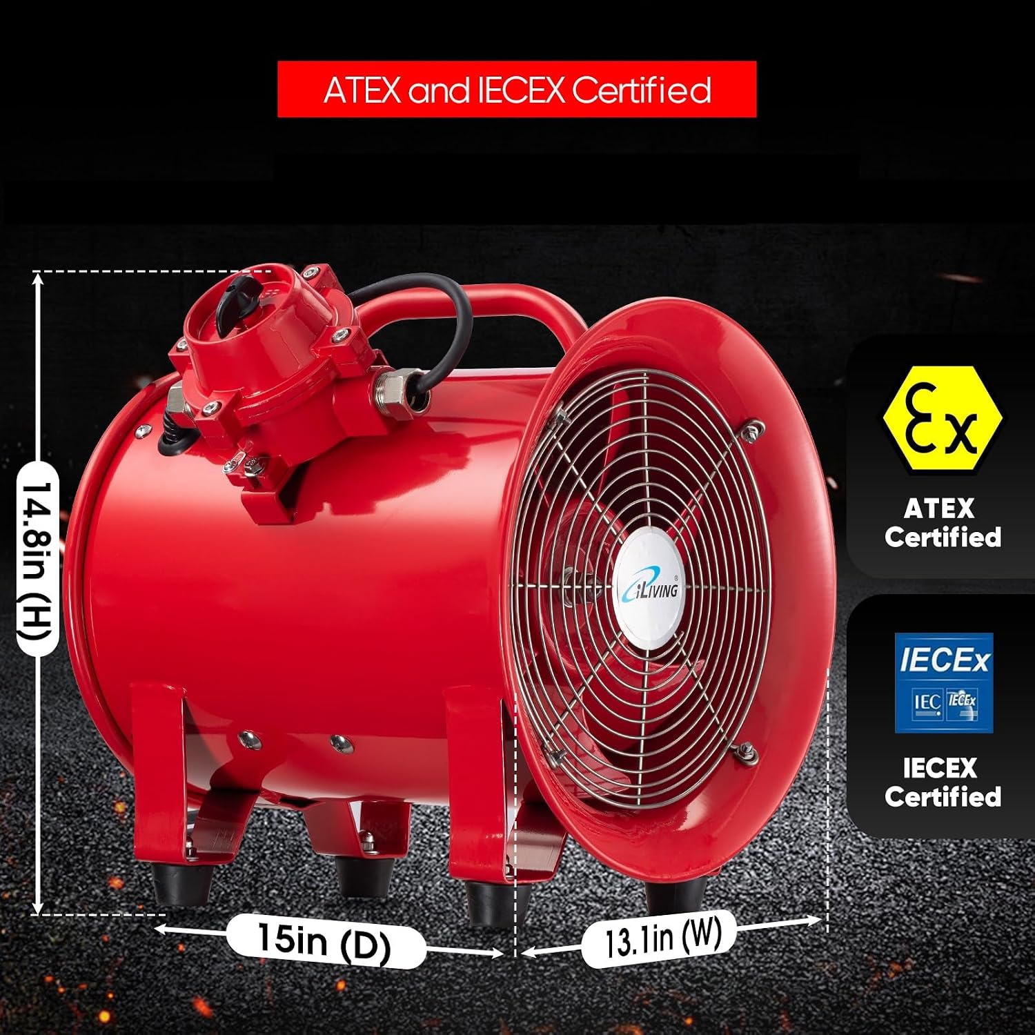 iLiving - ILG8EF12EX Explosion Proof Utility High Velocity Blower, Fume Extractor, Portable Exhaust and Ventilator Fan, Air Ventilation with 2720 CFM