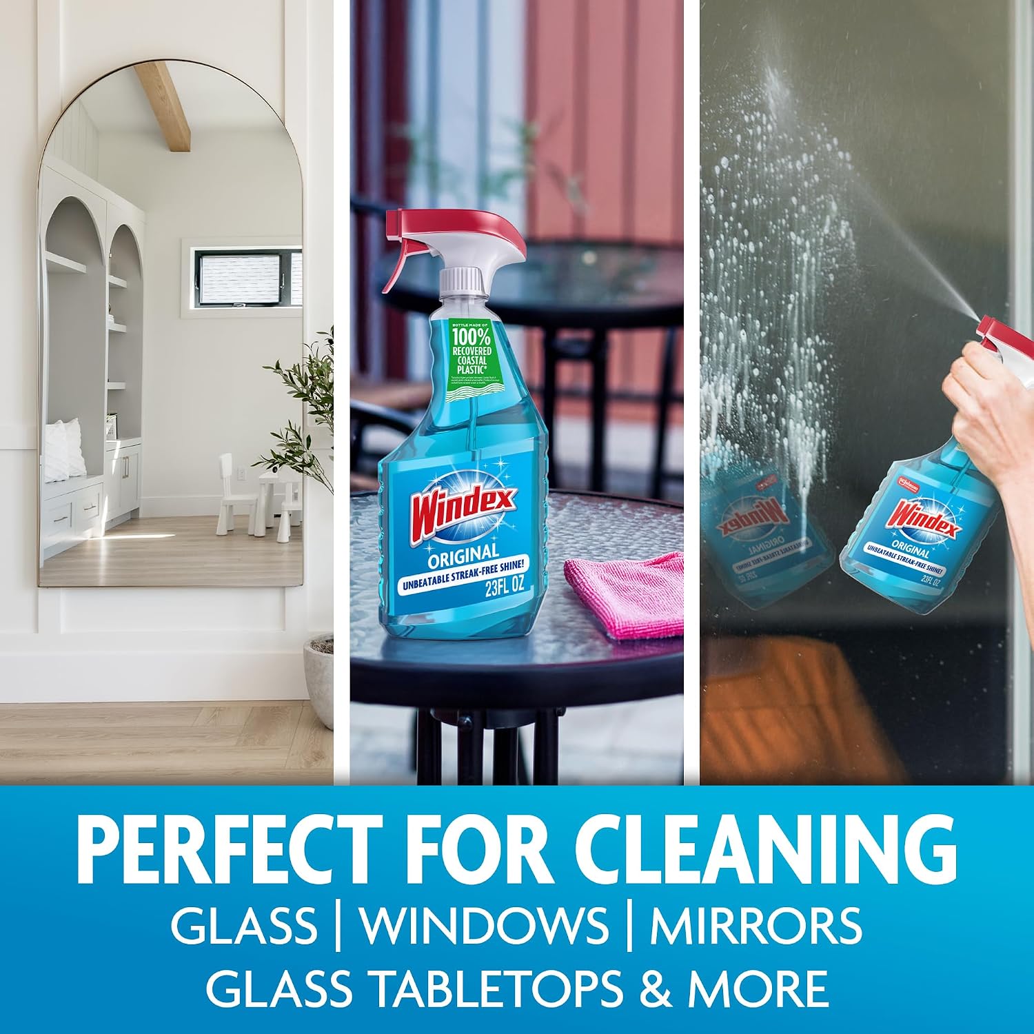 Windex refill glass and window cleaner, made from 100% recycled plastic, surface cleaning spray, original blue scent, 2L (67.6 fl oz)