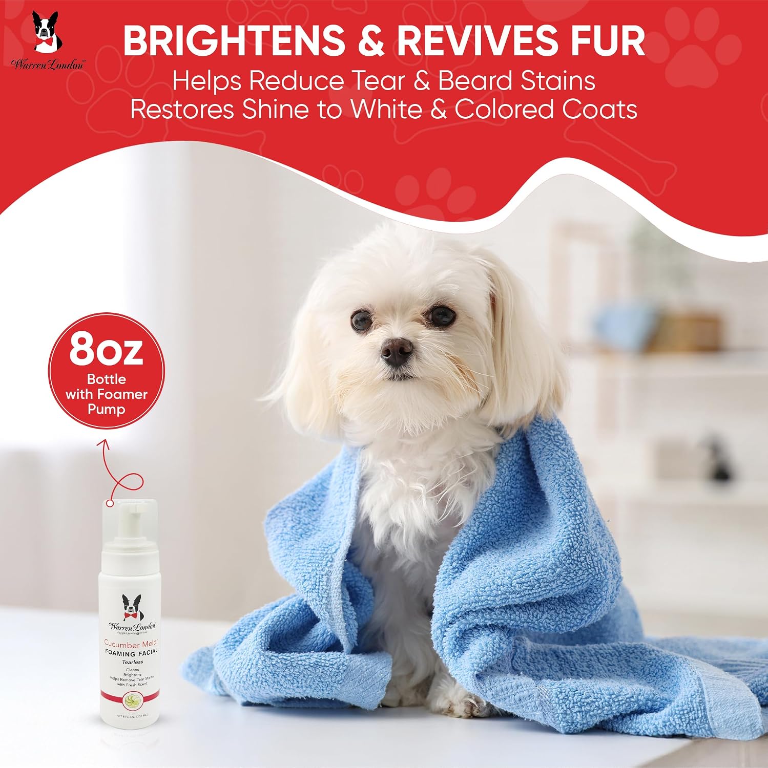 Warren London Foaming Pet Facial | Tear Free Dog Face Wash | Tearless Dog Shampoo for Faces & Dog Eye Stain Remover | Refreshing Cucumber Melon Wash | Made in USA | 8oz