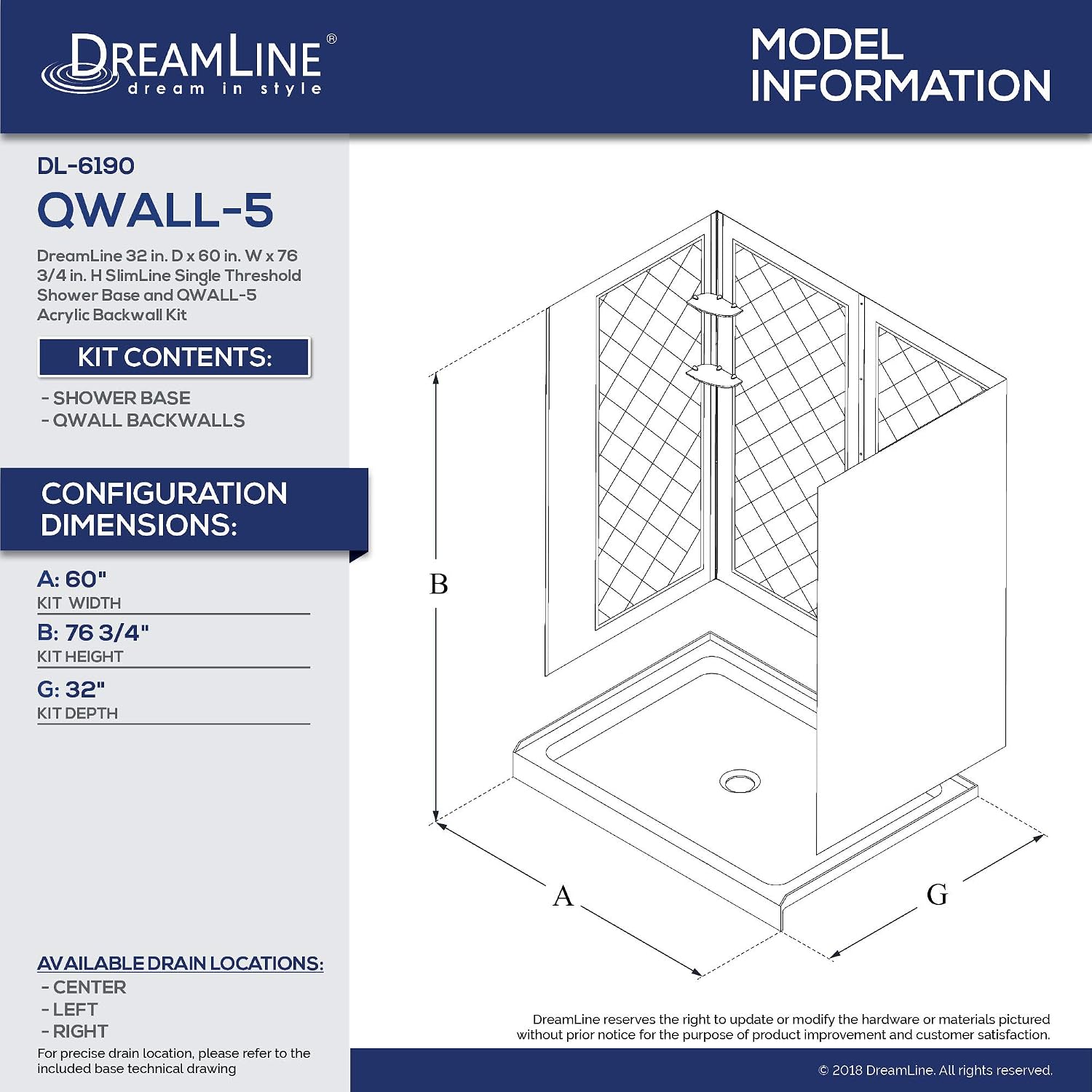 DreamLine 32 in. D x 60 in. W x 76 3/4 in. H Left Drain Acrylic Shower Base and QWALL-5 Backwall Kit In White, DL-6190L-01