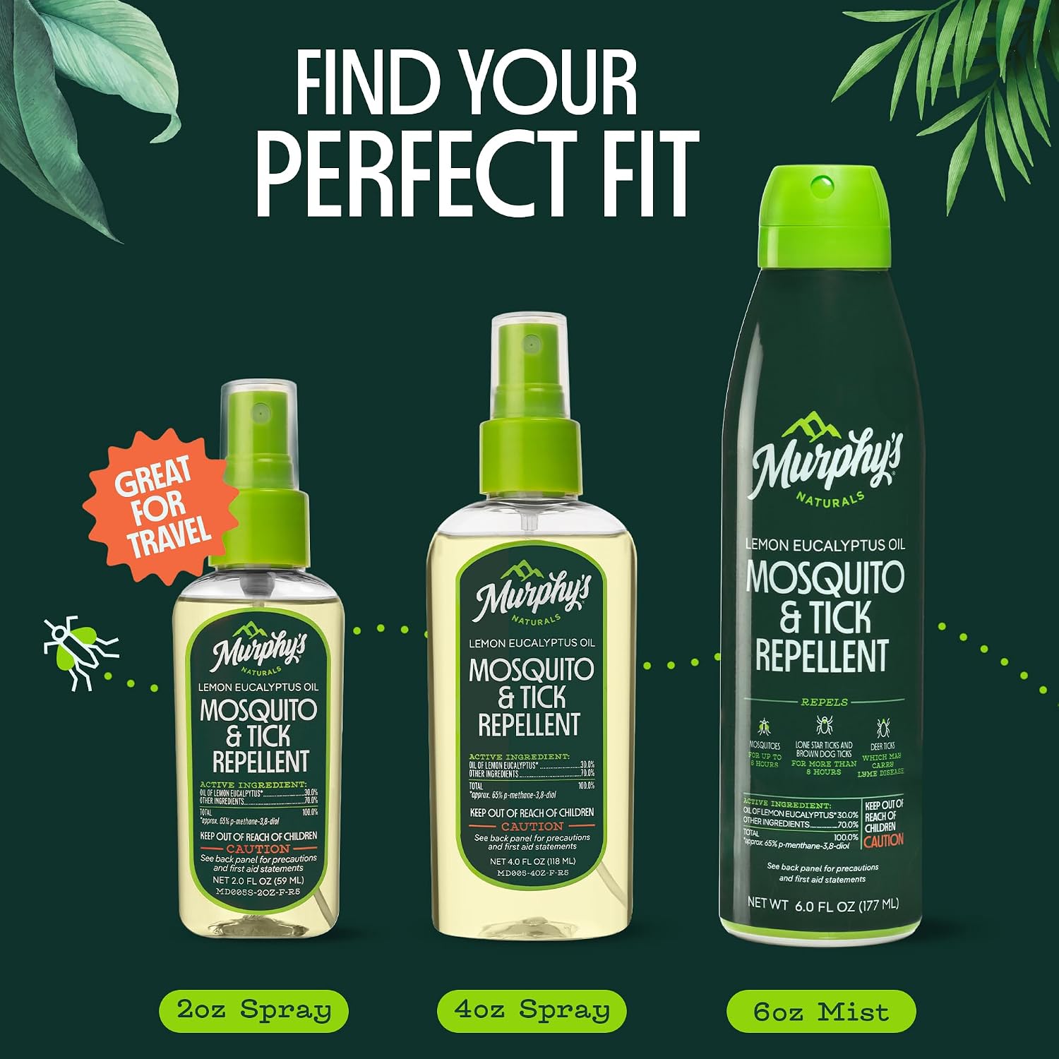 Murphy's Naturals Mosquito & Tick Bug Repellent Spray, 4 fl oz (Pack of 2) | 30% oil of lemon eucalyptus, EPA-registered & DEET-free*; 4 fl oz pump 2-pack protects skin & gear up to 6 hours