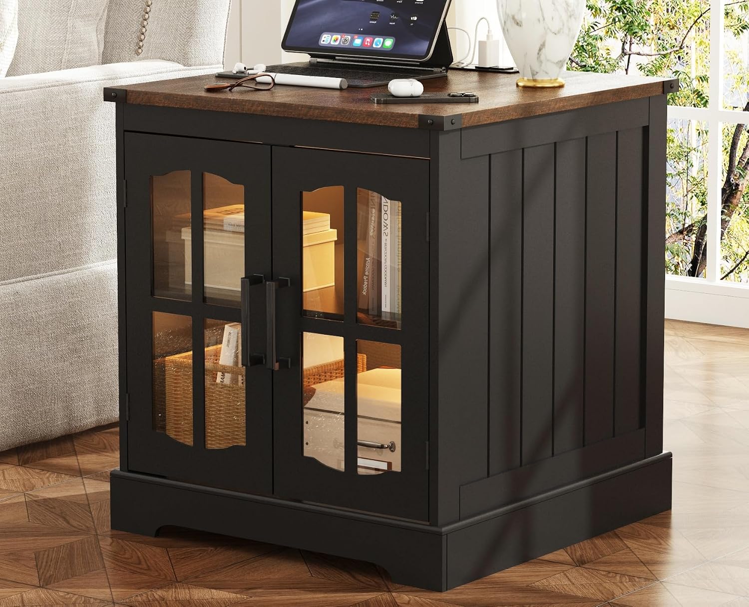 ChooChoo Farmhouse End Table with Charging Station & LED Light | Large Sofa Side Table, Rustic Square Nightstand, Glass Barn Door, Bedside Table, Storage, Living Room, Black