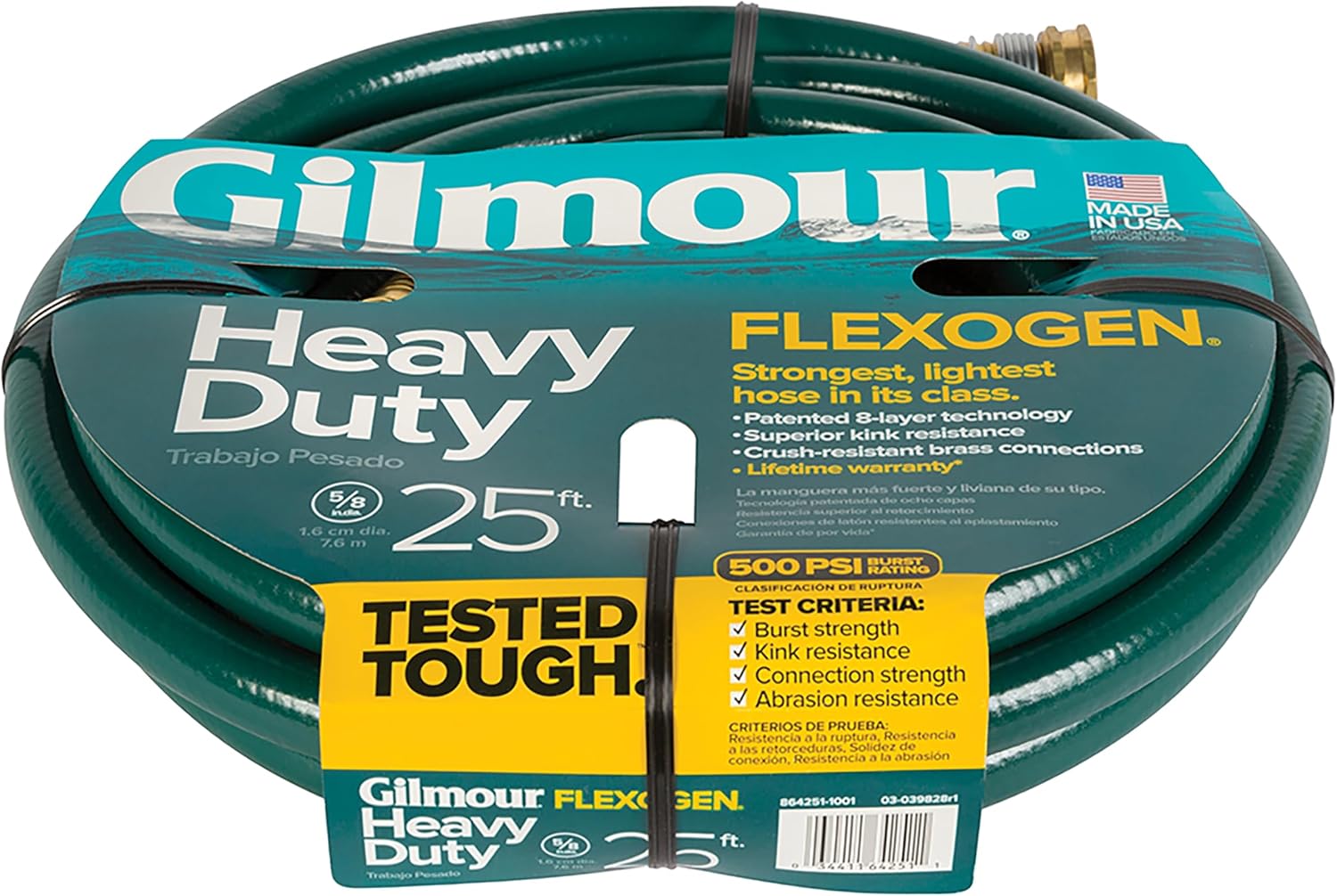 Gilmour 864751-1001 75ft Heavy Duty Flexogen Garden Hose, 5/8" Diameter | Heavy Duty Build, 500 PSI, Kink-Resistant Layers, Brass Fittings, All-Weather Durability, Made in USA
