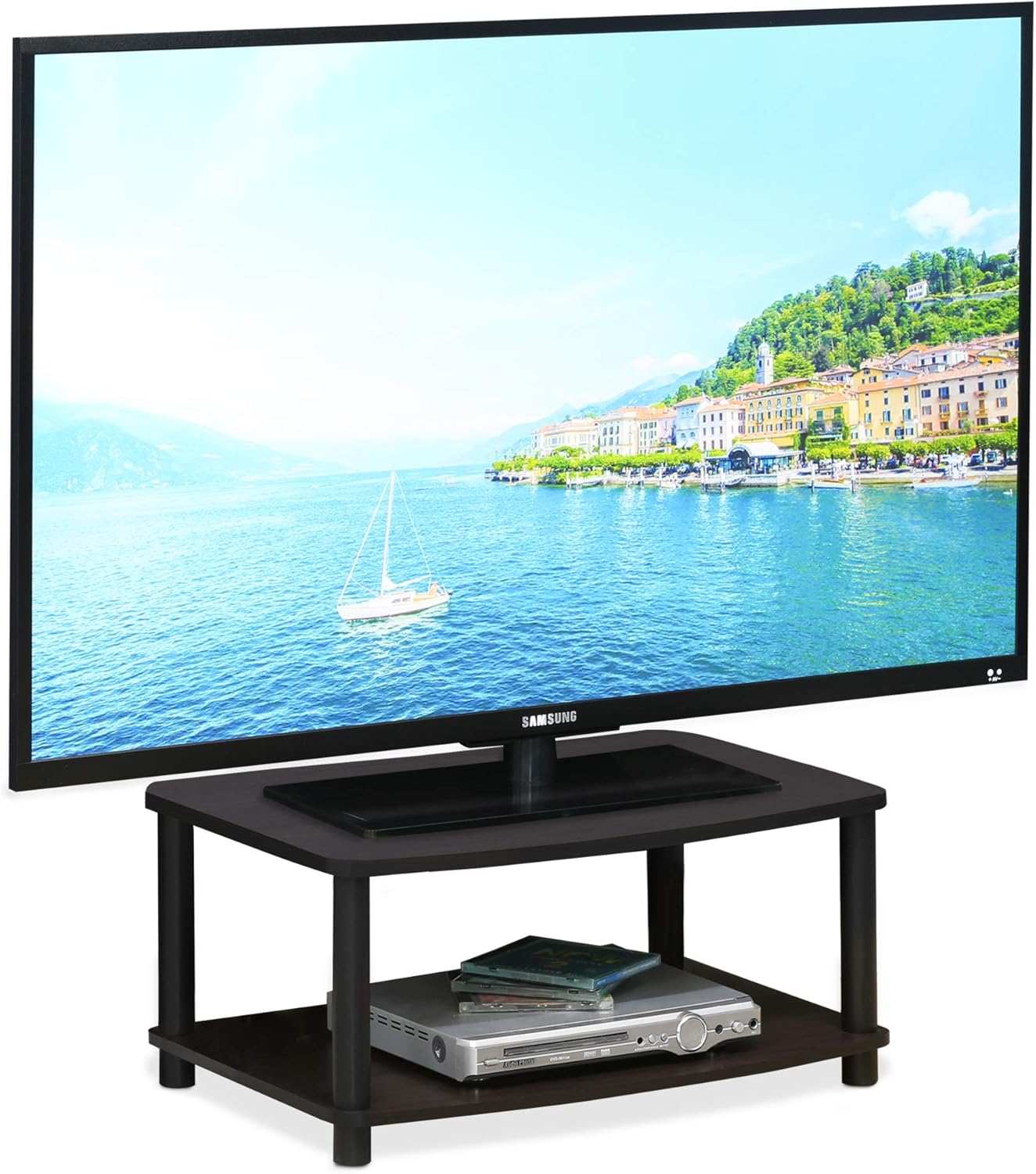 Furinno Turn-N-Tube TV Riser Stand, 2-Tier Small Elevated No Tools TV Stand, TV Console for TV up to 32 inch, 15.8 x 23.8 x 11, for Living Room, Bedroom, French Oak/Black