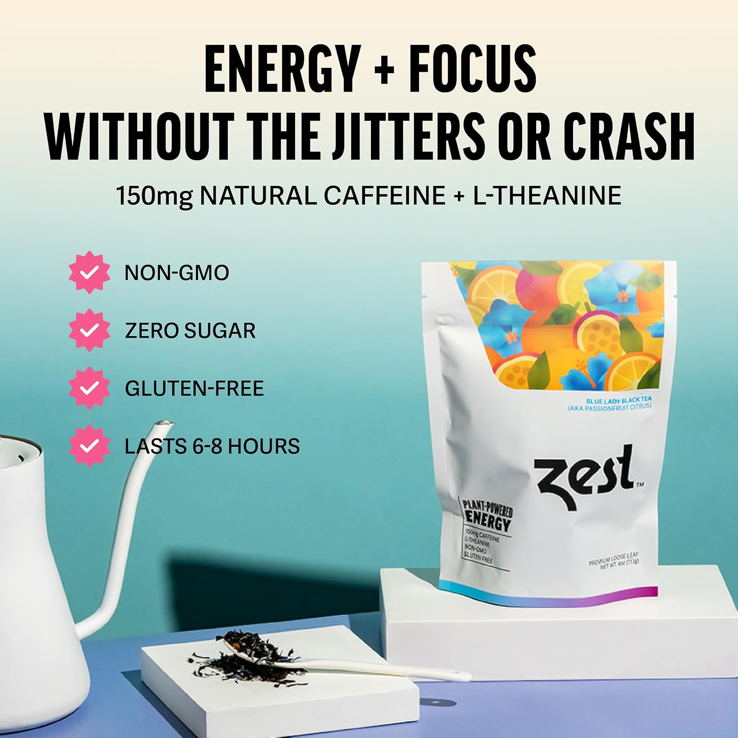Zest Energy Green Tea – Pomegranate Mojito High Caffeine Tea Bags for Focus & Morning Energy – Natural Caffeinated Tea with 135mg Caffeine – Coffee Substitute – 20Ct Pack, Non-GMO & Keto Friendly