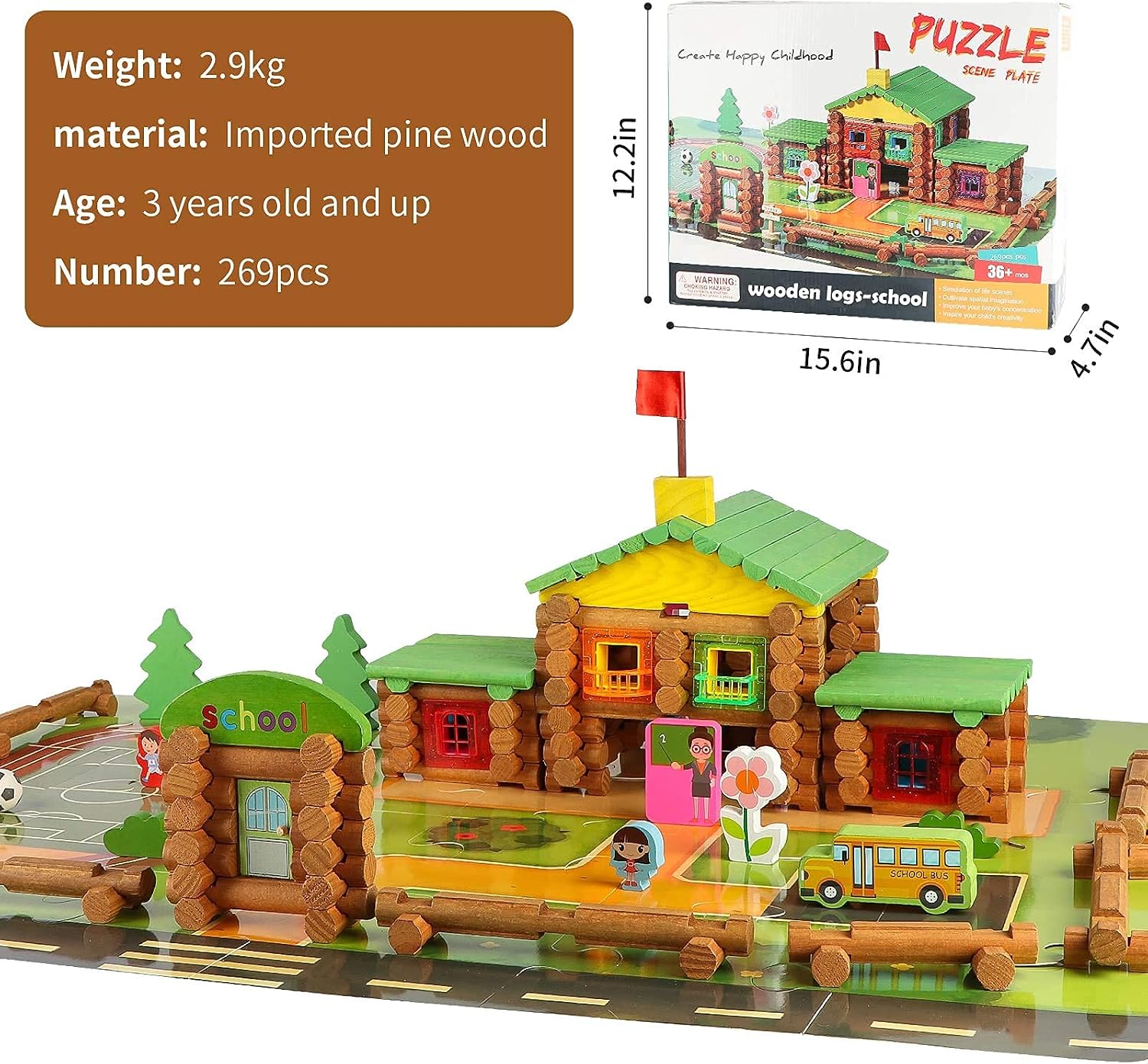 Wondertoys 170 Pieces Wood Logs Set Ages 3+, Classic Building Log Toys for Boy, Creative Construction Engineering Educational Gifts