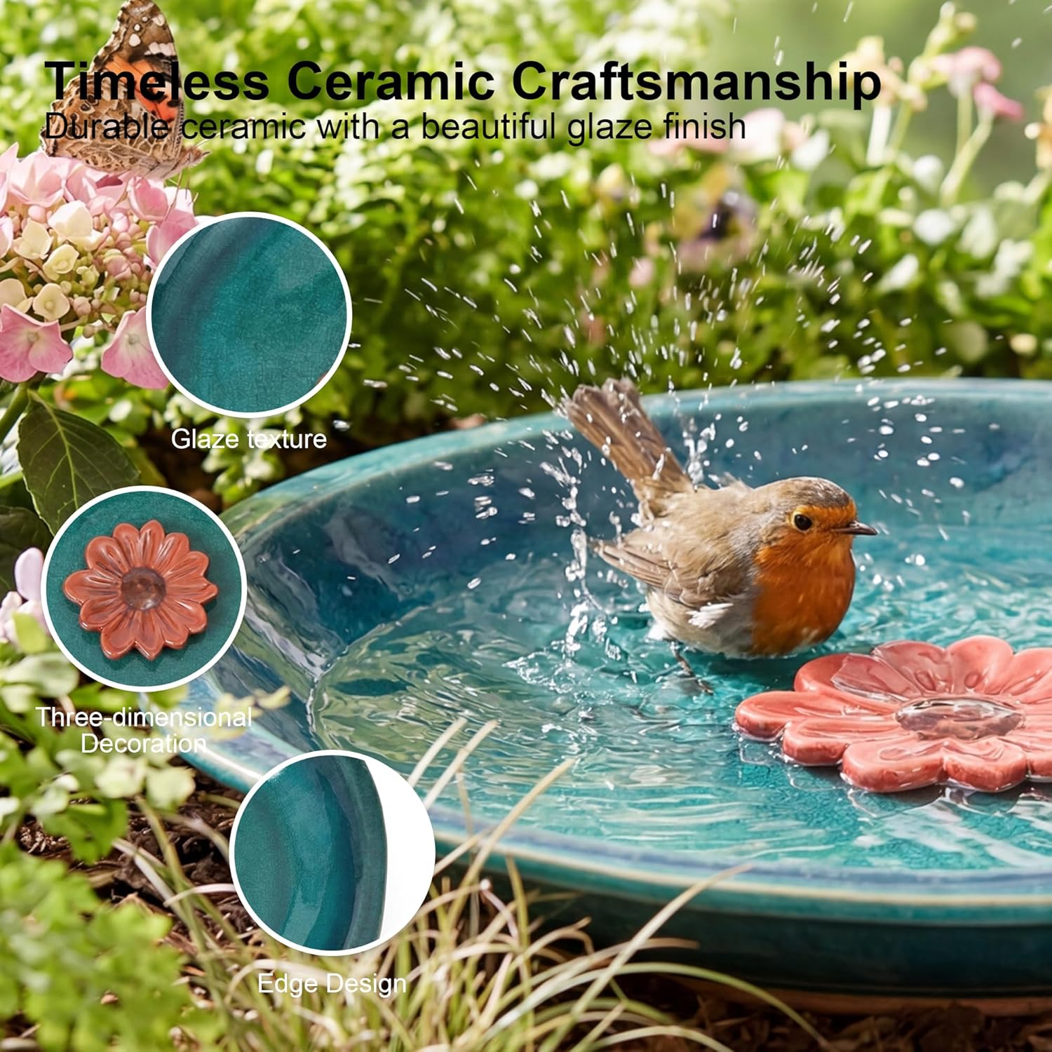 Topadorn 2" Depth Ceramic Birdbath & Birdfeeder for Small Birds Outdoors