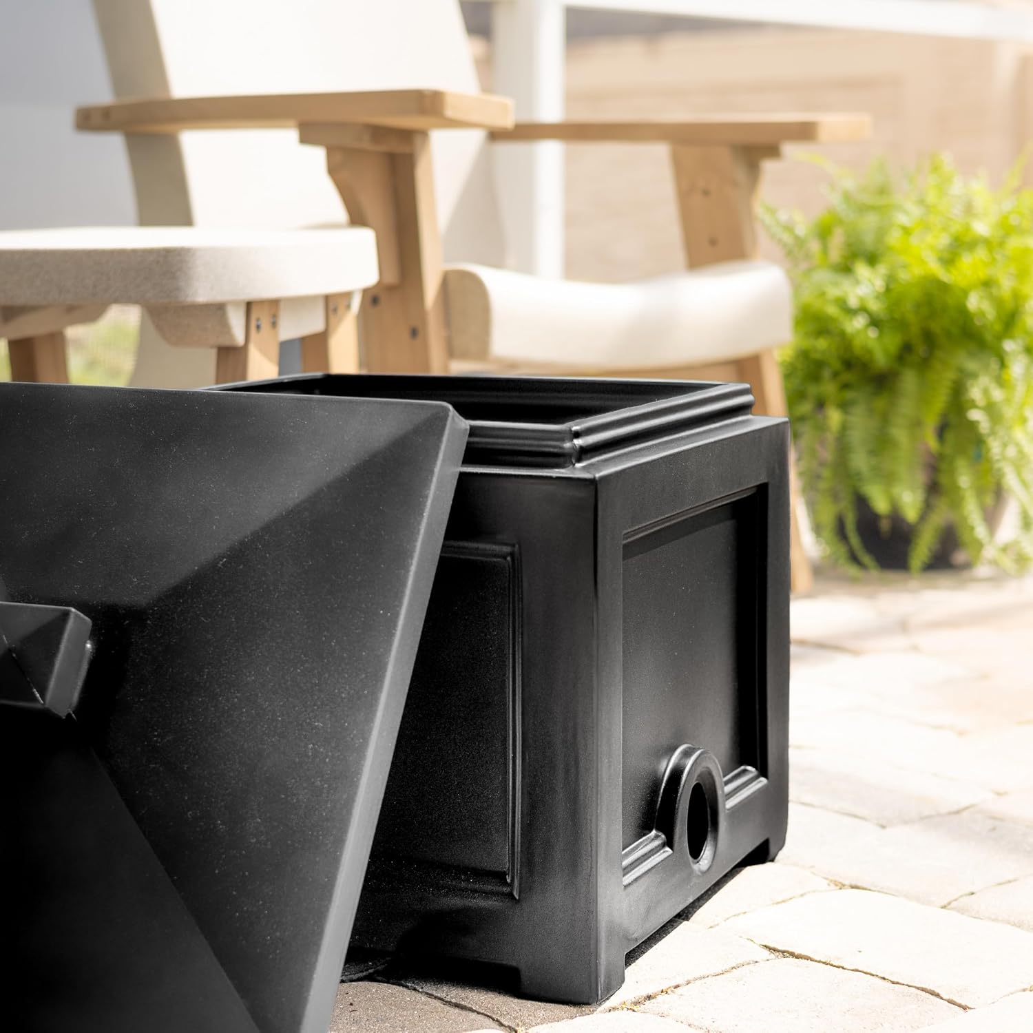 Mayne Fairfield Garden Hose Bin - Black - 17in L x 17in W x 18in H - Holds up to 100 ft. of standard garden hose (5858-B) | Concealed storage, Holds 100ft hose, Fade resistant, All-season, 15-year warranty
