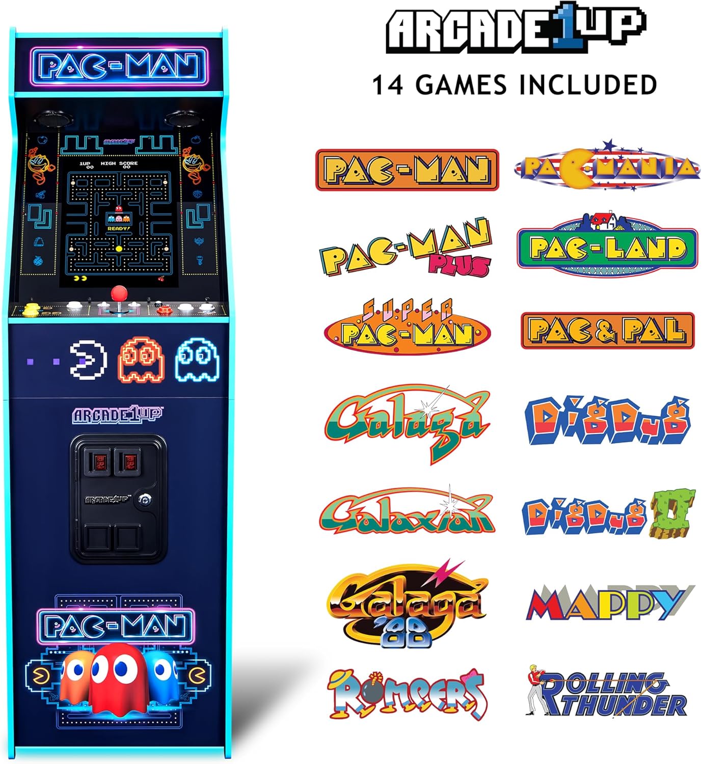 Arcade1Up Pac-Man Deluxe Arcade Machine, 14 Games, Neon | 17-Inch Screen, Retro Console Cabinet for Home, Stand Up Video Game, 5 Feet Tall