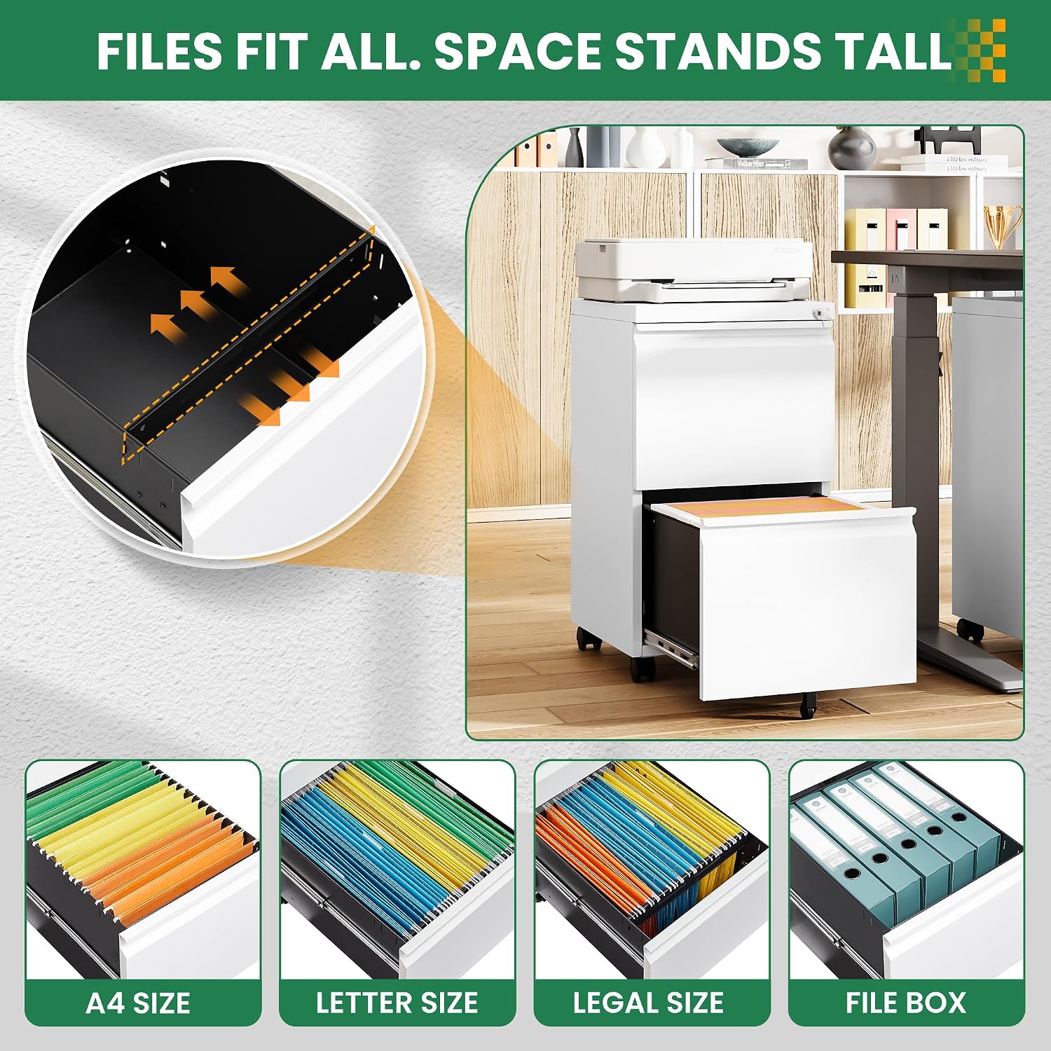 3 Drawer File Cabinet with Lock,Mobile Lateral Filing Cabinet with Side Hook for Letters/Legal/A4, Metal Printer Stand Storage Cabinets with Shelves for Home Office(Black)