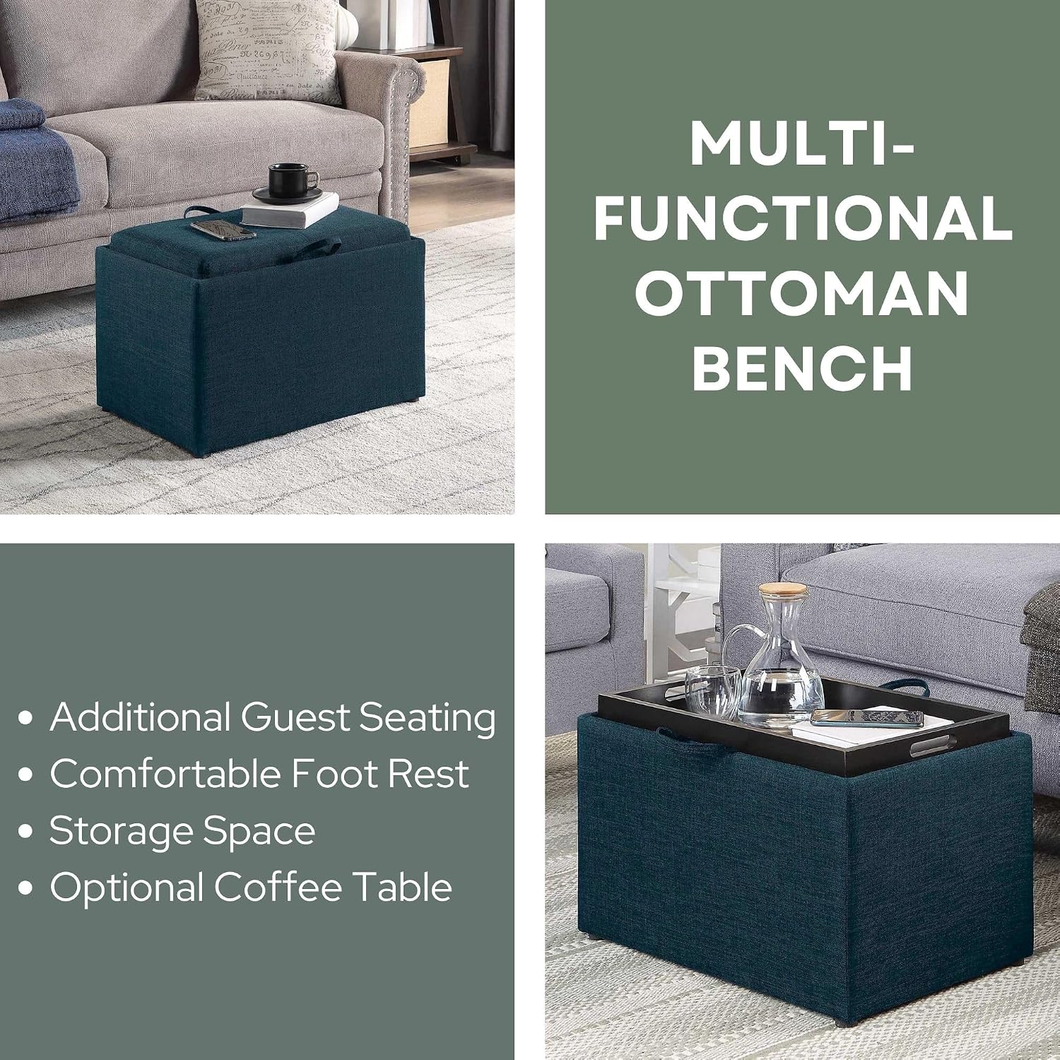 Convenience Concepts Designs4Comfort Accent Storage Ottoman 22.75" - Modern Foot Stool with Decorative Tray for Living Room, Dining Room, Office, Blue Faux Leather