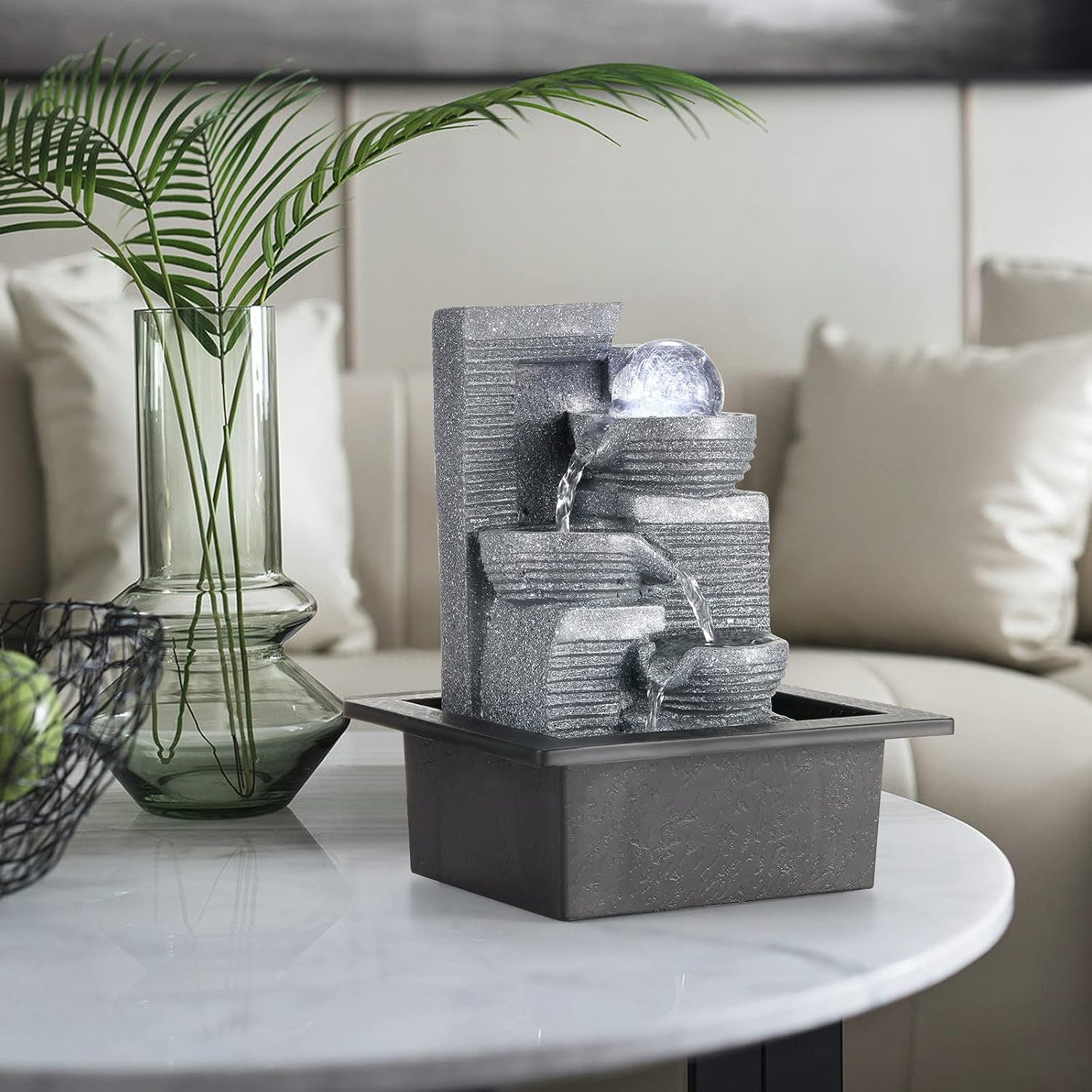 WICHEMI Indoor Water Fountain Tabletop Fountain Stacked Rock with LED Light | Relaxing Water Feature, Meditation Fountain, Soothing Sound, Stress Relief, For Home Office Bedroom Decor, 7.8"x7.8"x7.9"