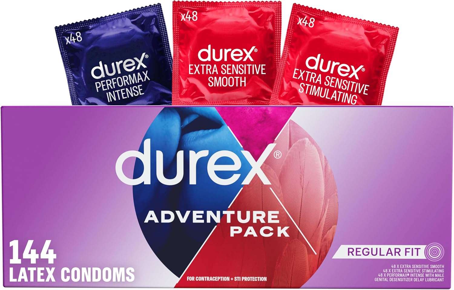 Durex Pleasure Pack Assorted Thin Condoms, Exciting Mix of Sensation and Stimulation, Lubricated Natural Rubber Latex Condoms for Men, 42 Count
