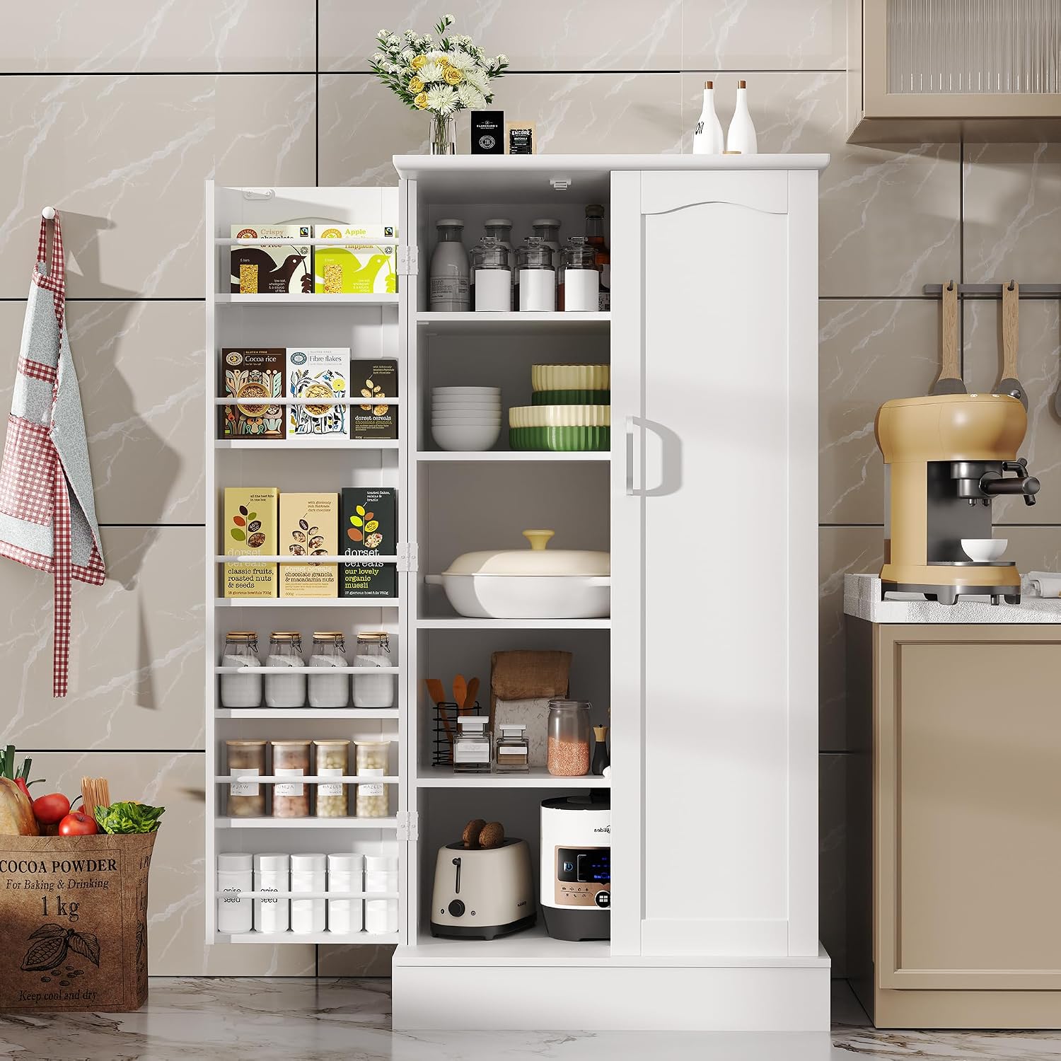 kepptory 47” Pantry Cabinet, Kitchen Pantry Storage Cabinet with Doors and Adjustable Shelves,Freestanding Buffet Cupboards Sideboard for Living Room and Dinning Room (White)