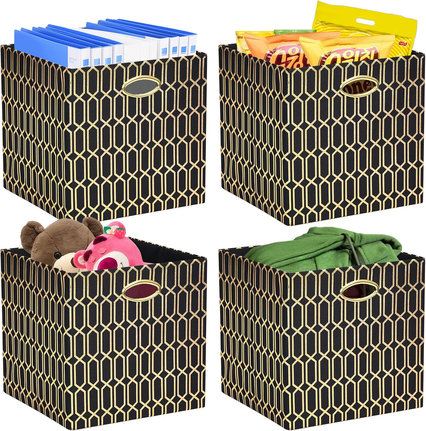 Posprica Storage Bins, Storage Cubes,13×13 Fabric Drawers Organizer Basket Boxes Containers (13×13×13/4pcs, Cream/gold geometry Pattern)