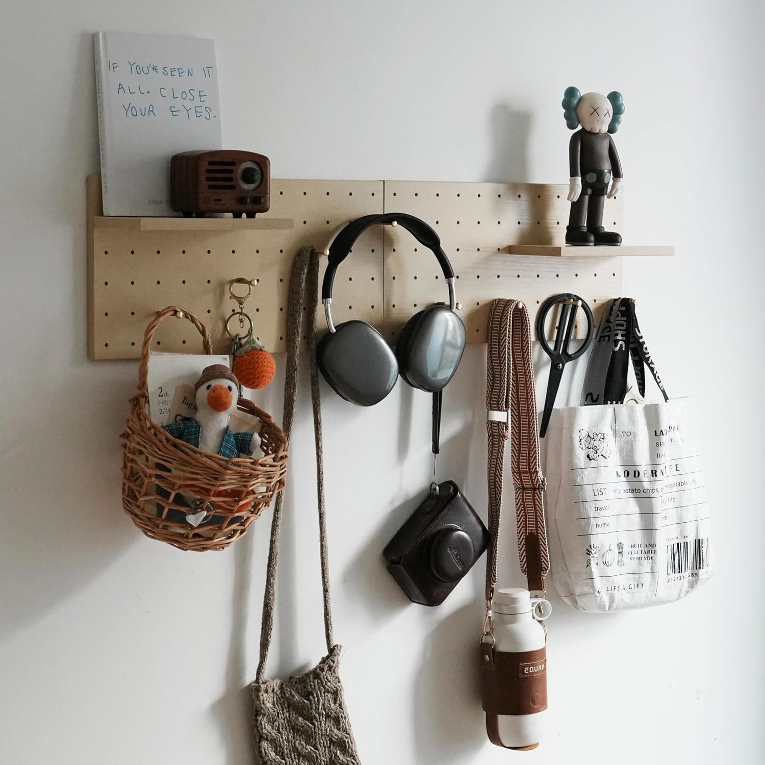 Wooden Pegboard Modular Display Organization Storage Wall Hooks Shelf(Color:Oak)