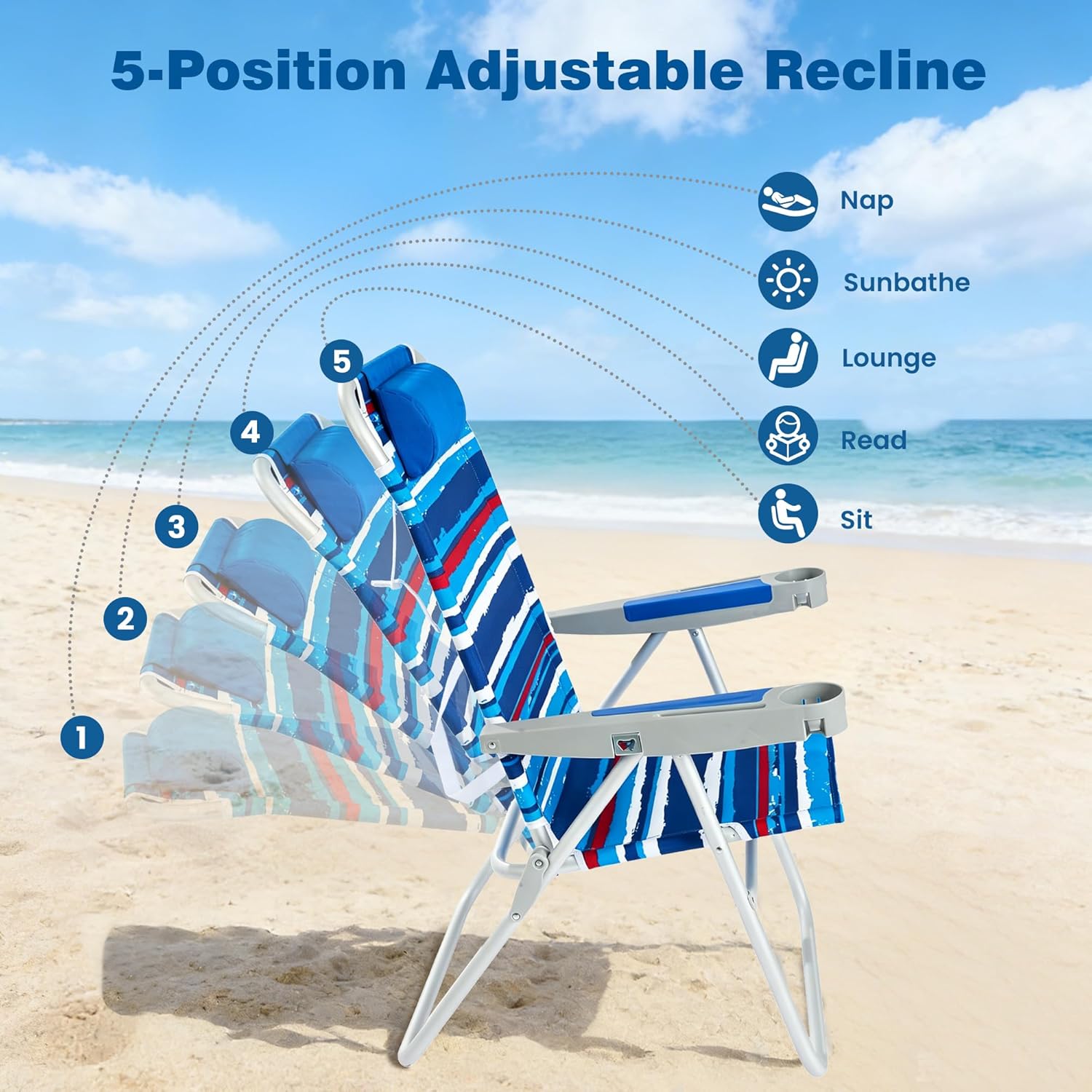 SUNNYFEEL Oversized Tall Folding Beach Chair Lightweight, 17" Portable Sand Chair for Adults Heavy Duty 500 LBS with Cup Holders