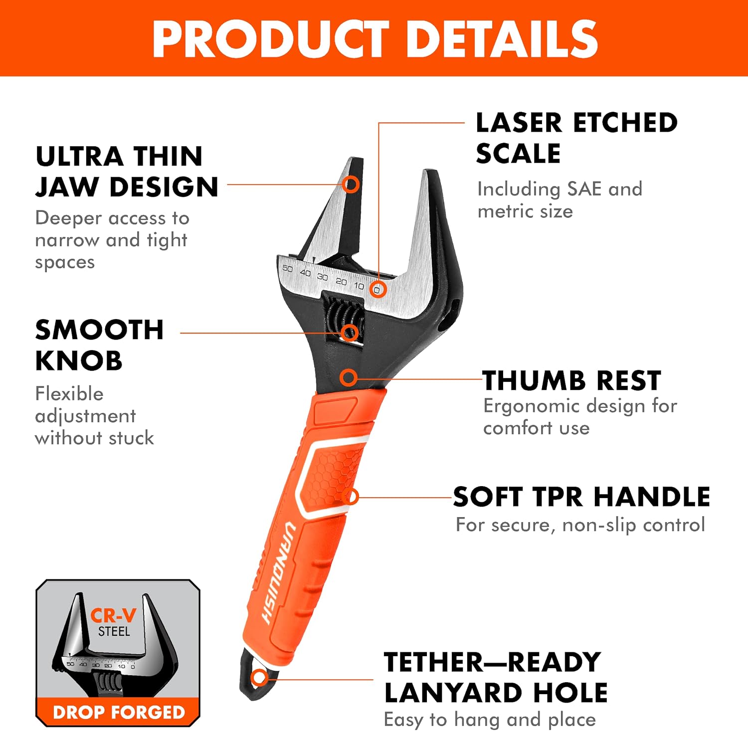 VANQUISH 12 Inch Adjustable Wrench, 2-3/8” Wide Jaw Opening Plumbing Wrench, CR-V Steel, SAE and Metric Scale Marked, With Comfort Grip Handle and Hanging Hole (3154)