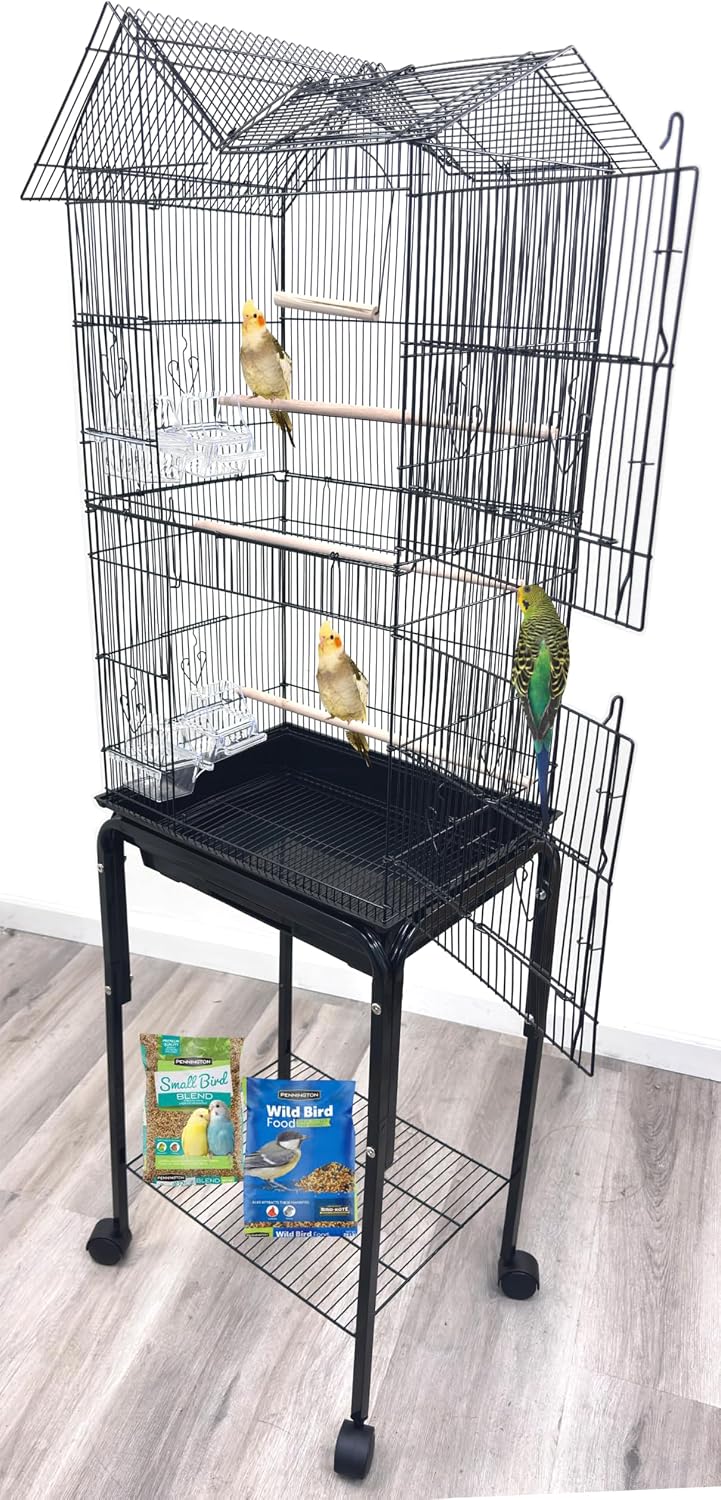 63" Roof Top Bird Flight Parrot Pet House Home Cage with Removable Rolling Stand for Cockatiel Sun Conure Parakeet Finch Budgie Lovebird Canary