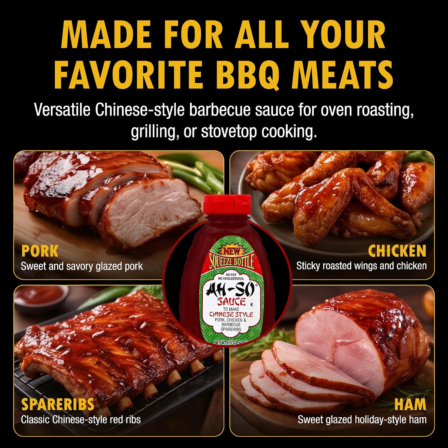 Ah-So Chinese-Style BBQ Sauce, Red Rib 15 oz Squeeze Bottle – Sweet & Tangy Spare Rib Marinade and Glaze for Pork, Chicken & Wings; Classic Takeout Flavor, Ready to Use.