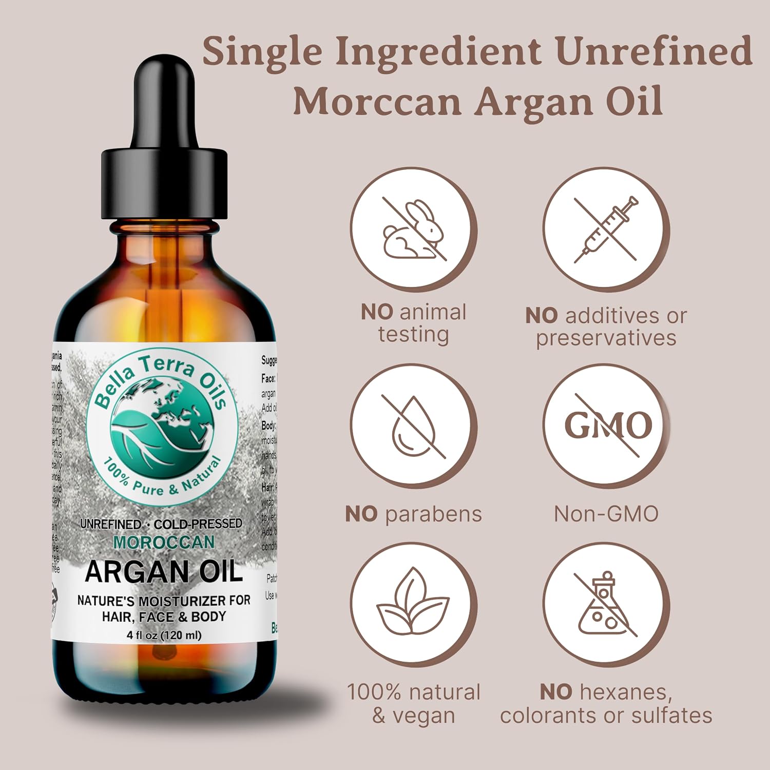 Bella Terra Oils - Argan Oil 2 oz - Cold-Pressed from Morocco, Rich in Vitamin E & Fatty Acids, Perfect Hair Oil Serum to Combat Frizz, Luxurious Face Oil