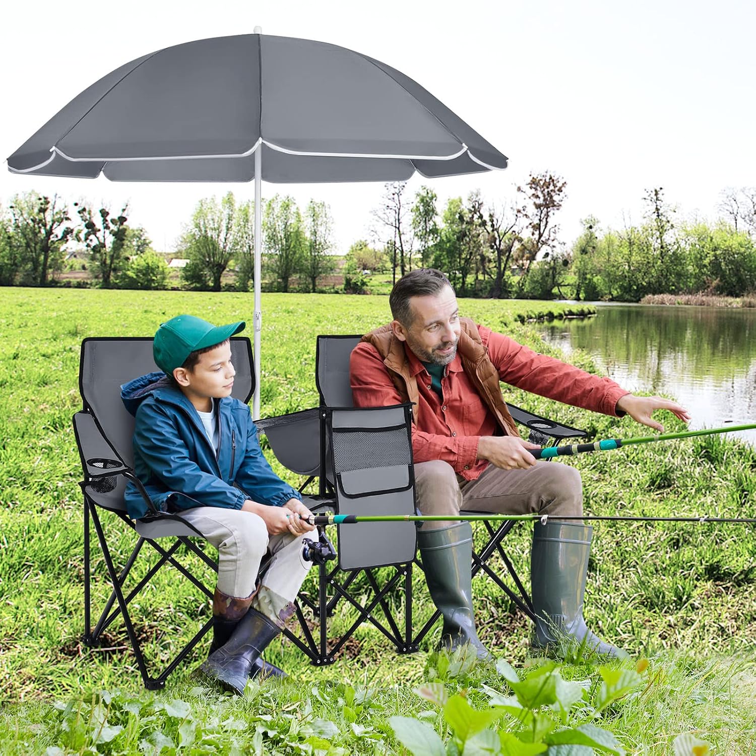 COSTWAY Double Portable Picnic Chairs, Folding Camping Chairs w/Detachable Umbrella, Cooler Bag, Cup Holders, Patio Beach Camping Chairs for Outdoors, Blue | Detachable Umbrella, Cooler Bag, Cup Holders, Patio Beach Camping Chairs for Outdoors, Blue