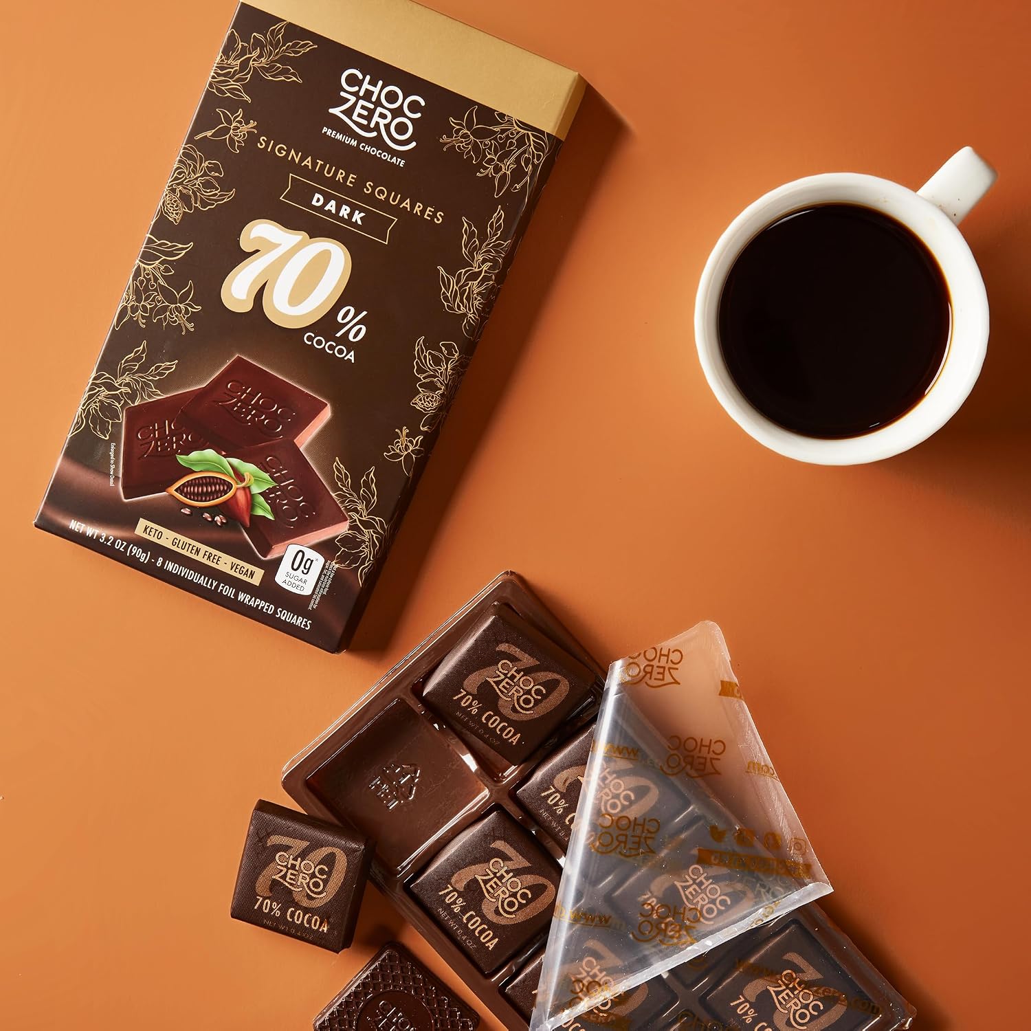 ChocZero 70% Cocoa Sugar Free Dark Chocolate Squares, Vegan, 4 Pack | No Sugar Alcohols, Keto, Low Carb, High Fiber, Gluten Free, 32 Total Candy Squares