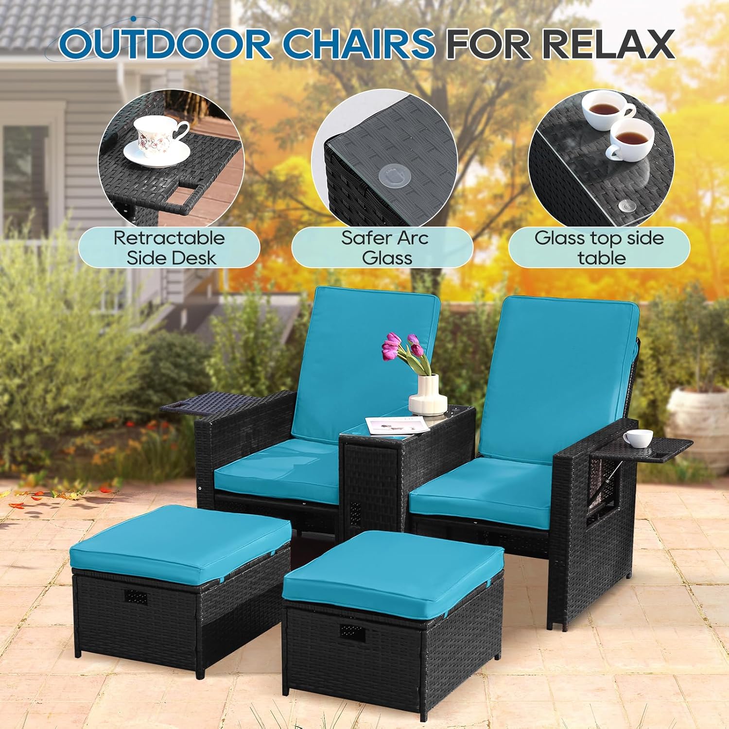 5PCS Outdoor Wicker Chaise Lounge Chair - Rattan Adjustable Reclining Patio Lounge Chair with Ottoman and Coffee Table