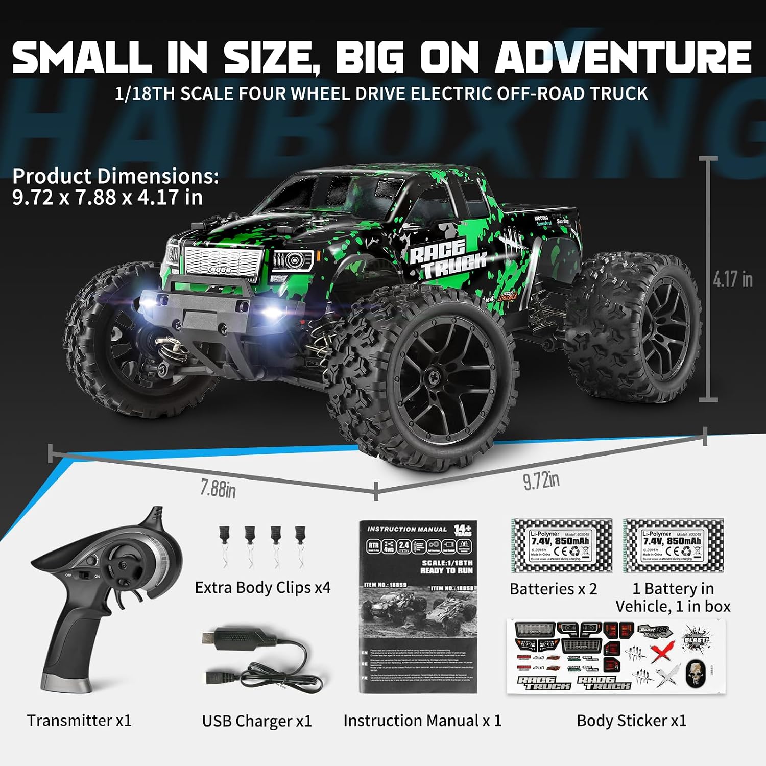 HAIBOXING 18859 1:18 Scale All Terrain RC Car, Hobby 4WD Remote Control Car | 2.4GHz Electric RC Vehicle 36 KPH High Speed 4X4 Waterproof Off-Road RC Truck with Two Rechargeable Batteries for RC Driving
