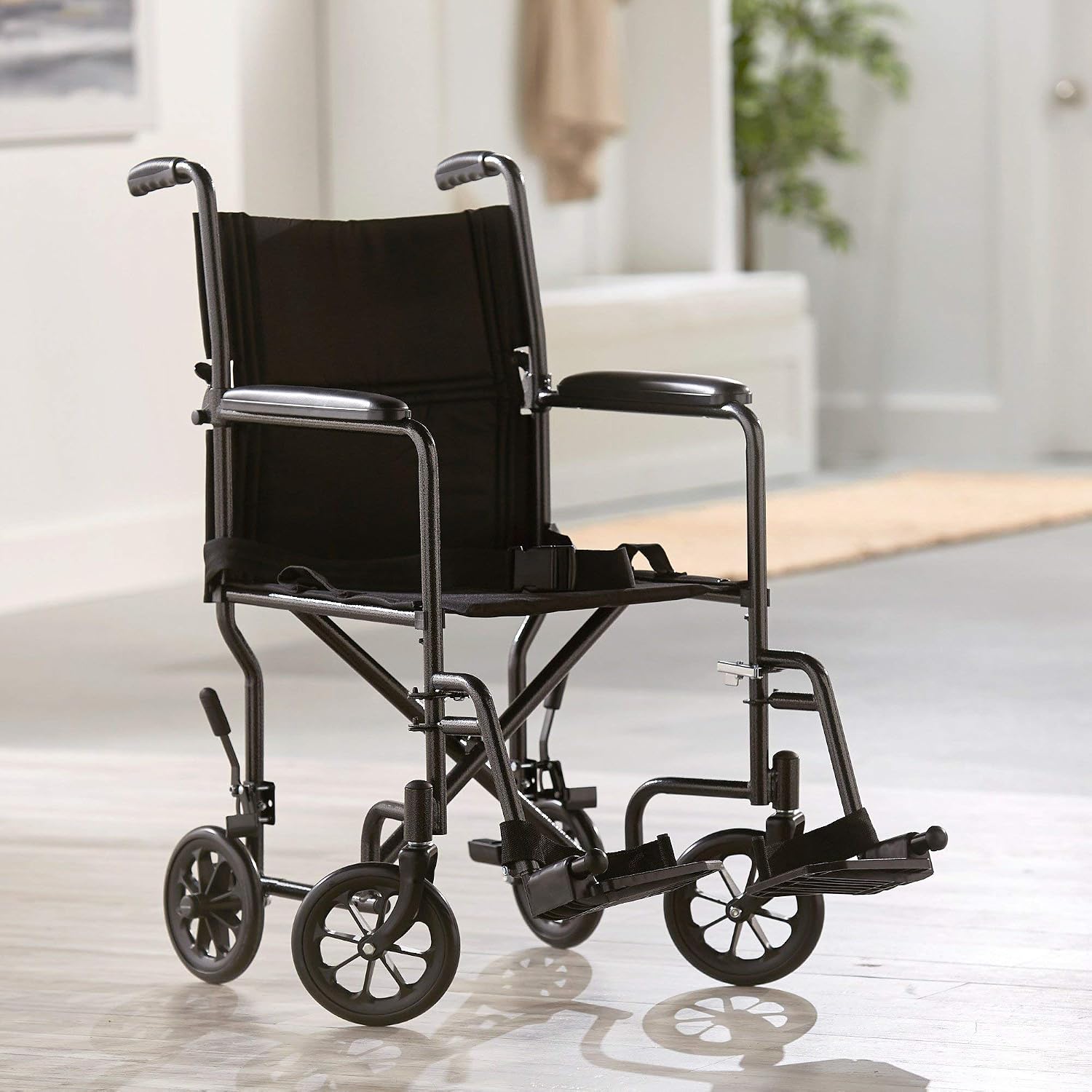 McKesson Transport Wheelchair, Silver, Black, 19 in, 1 ct | Lightweight, Steel, Silver Vein Finish