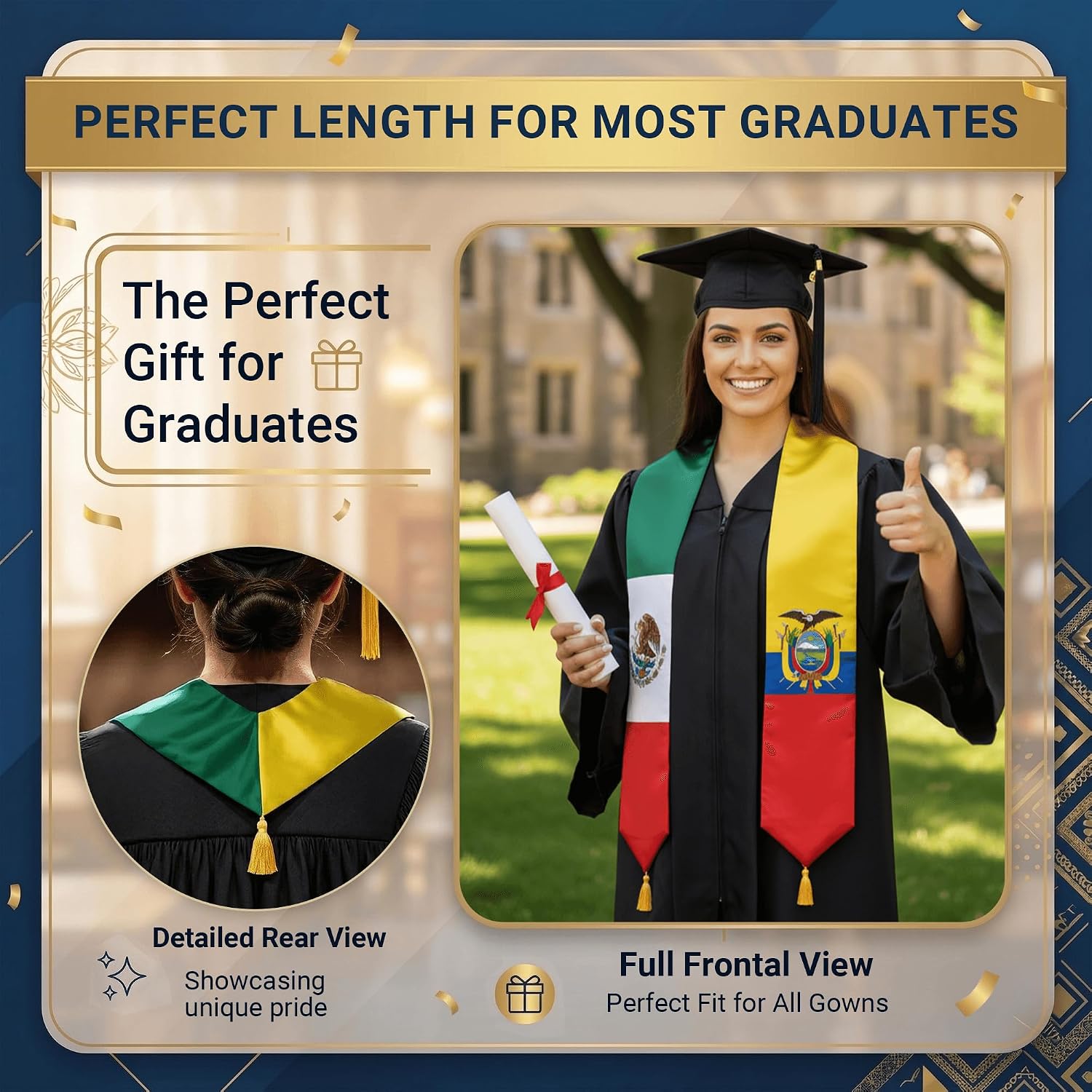 Class of 2026 Dual Flag Graduation Stole with Gold Tassels, Half and Half Country Flag Satin Sash, V-Neck