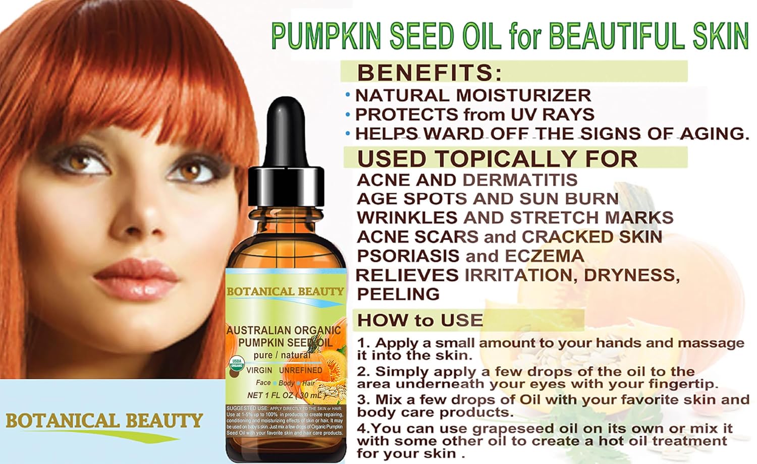 Botanical Beauty Australian ORGANIC PUMPKIN SEED OIL 100% Pure Natural Virgin Unrefined Cold Pressed Carrier Oil. 1 Fl.oz.- 30 ml. for Face, Skin, Hair, Lip, Nails