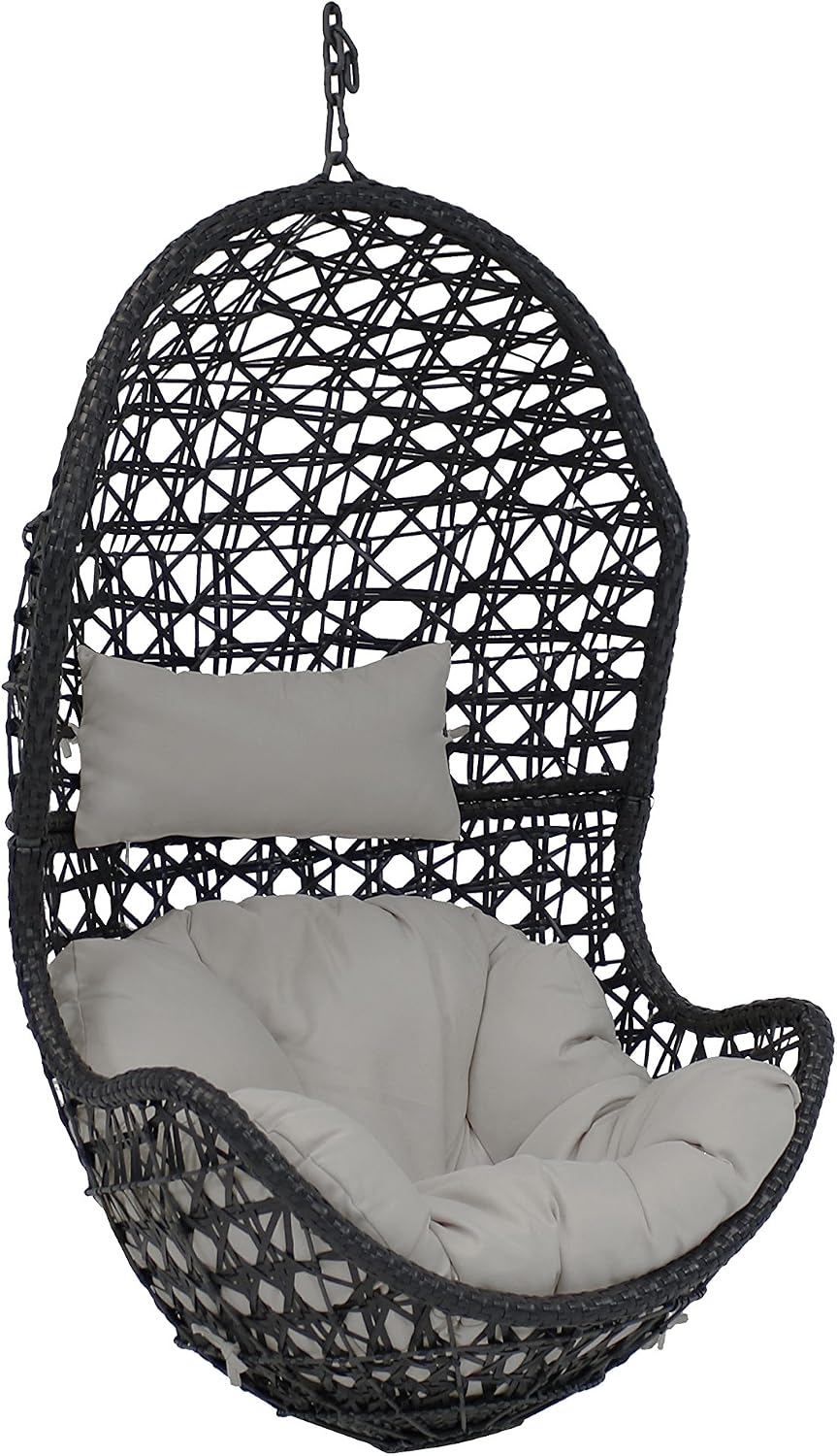 Sunnydaze Cordelia Egg Chair with Cushions -Resin Wicker Hanging Chair with 265-Pound Weight Capacity - Hanging Swing Includes Gray Polyester