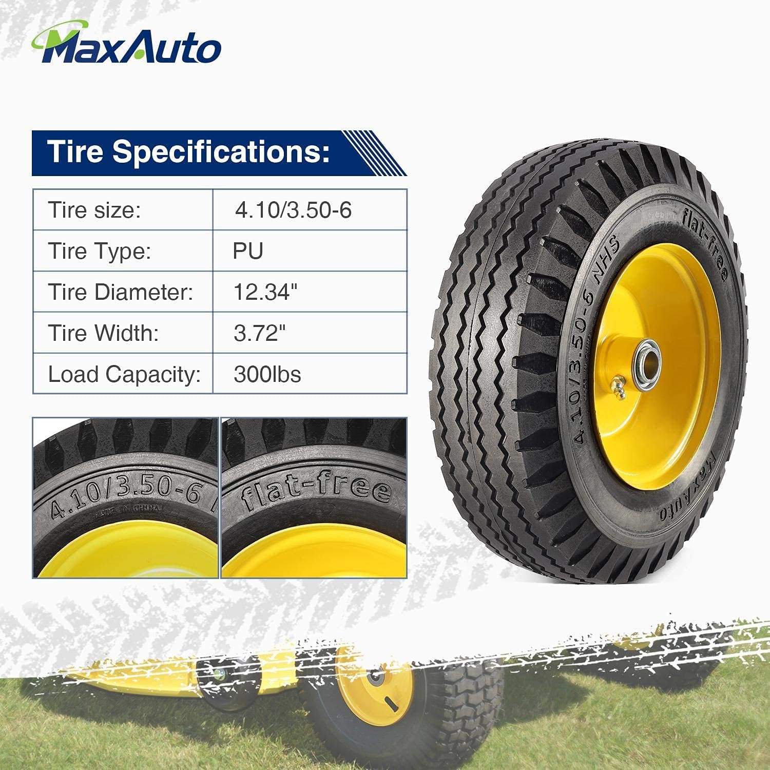MaxAuto 4.10/3.50-6" Flat Free Tire & Wheel, 3" Centered Hub, 3/4" Bearings