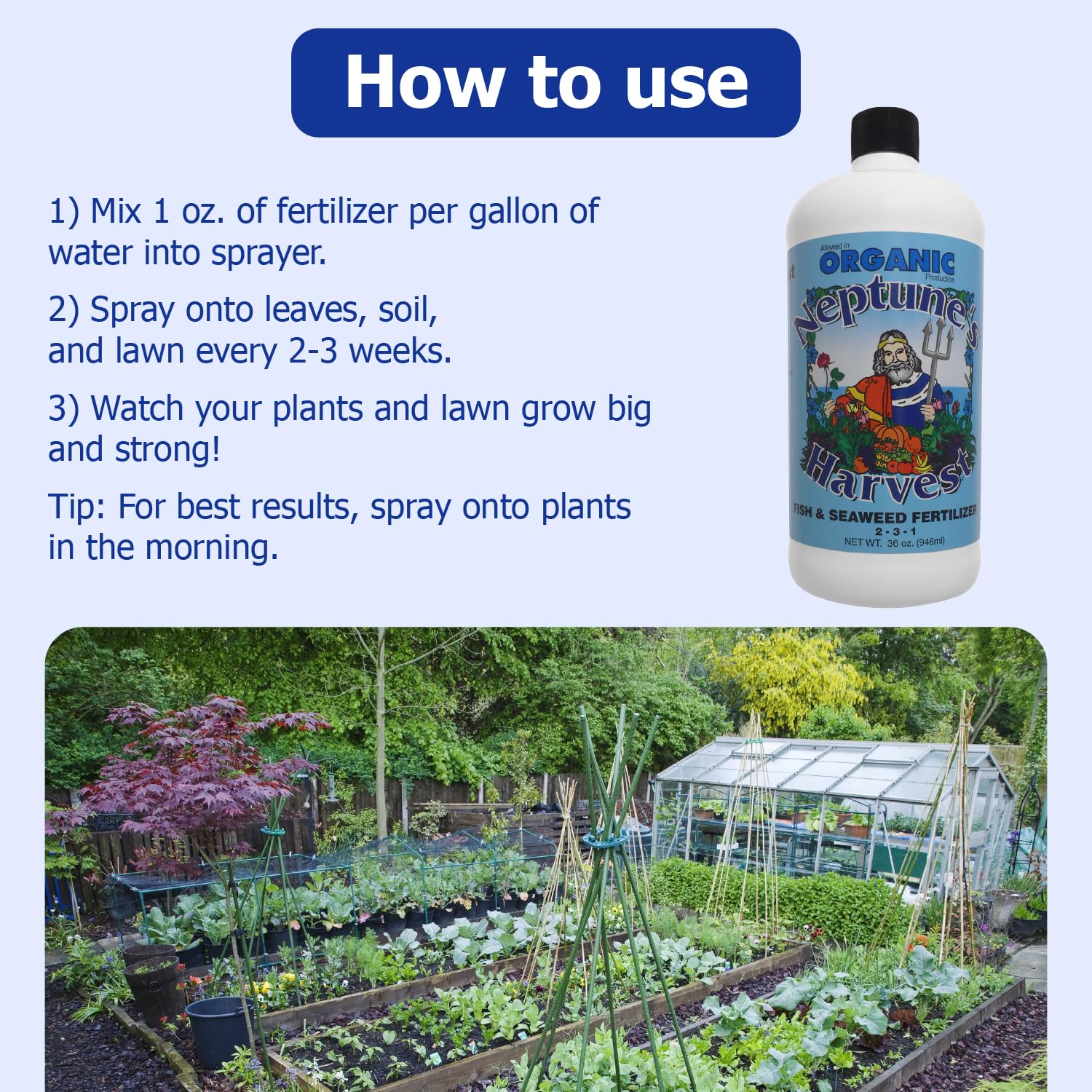 Neptune's Harvest Fish & Seaweed Liquid Fertilizer (2-3-1) - 36oz Bottle - Plant Food for Garden - Indoor & Outdoor Organic Plant Fertilizer for
