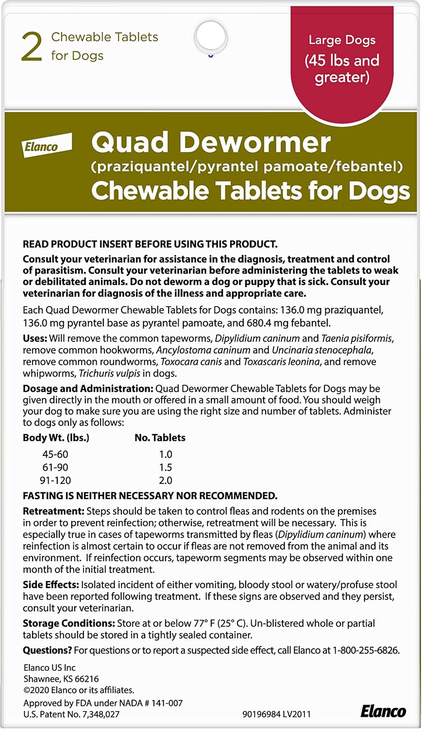 Elanco Chewable Quad Dewormer for Large Dogs, 45 lbs and over, 2 chewable tablets | For dogs 45 lb and over