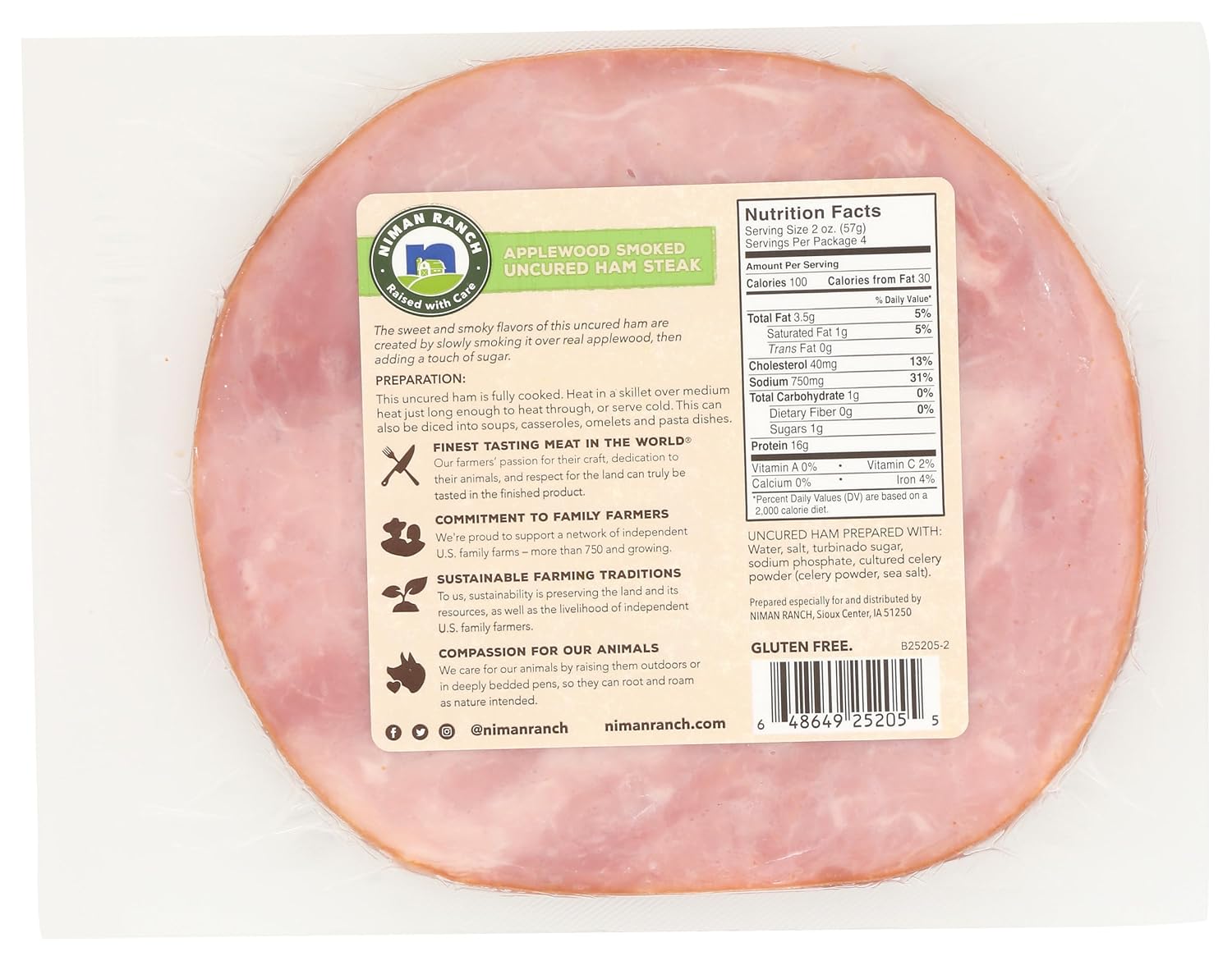 Niman Ranch, Pork Ham Steak Bnls Smoked Uncured, 8 Ounce