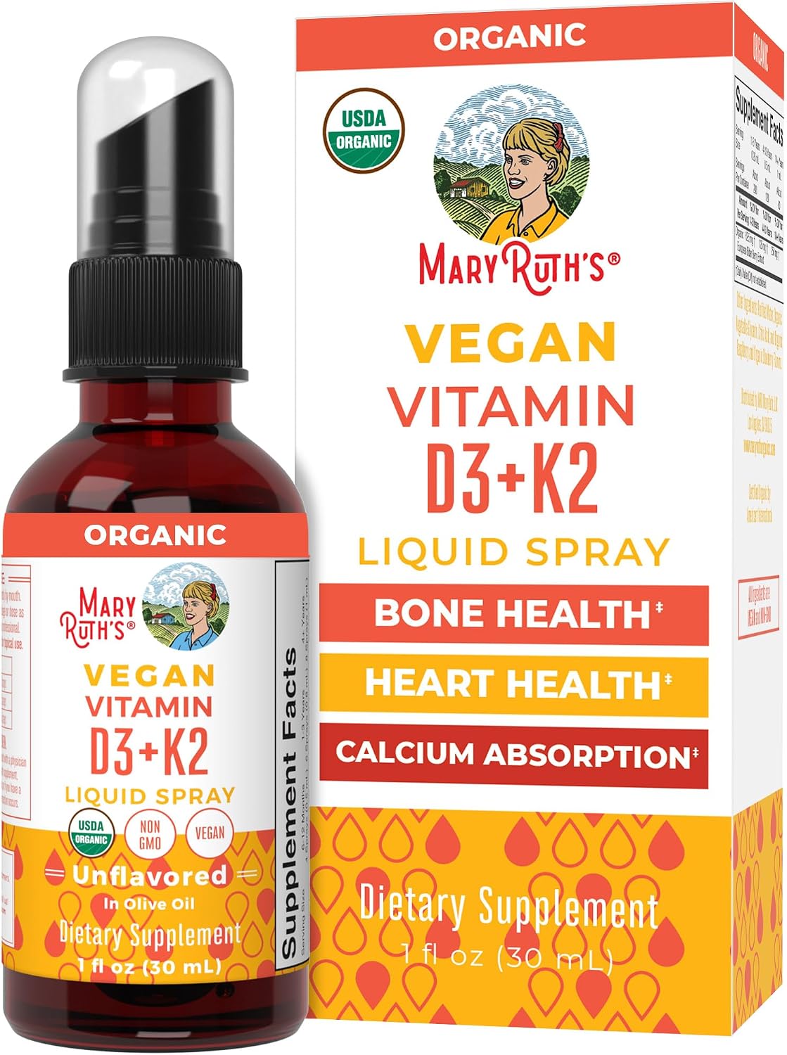 MaryRuth's Organic D3 + K2 Spray for Adults & Kids for Bone Health, 1 Fl Oz | Bone Health, Vitamin D3 as Cholecalciferol, Immunity, Mineral Absorption