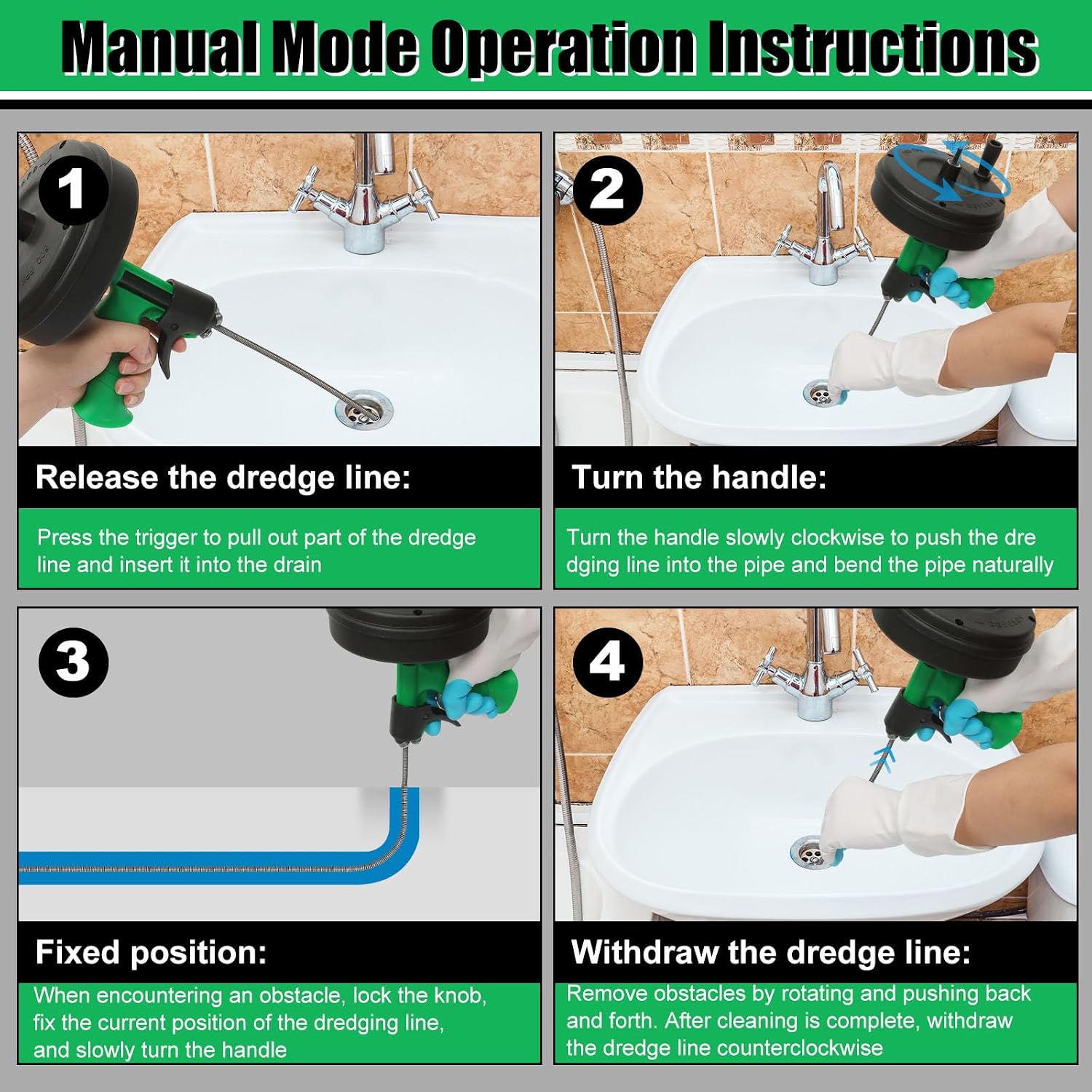 50 Ft Drain Snake, Fast Unclog Snake, 1/4 Inch, Green | Manual & Electric Plumbing Snaker for Shower Sink, Toilet and Kitchen