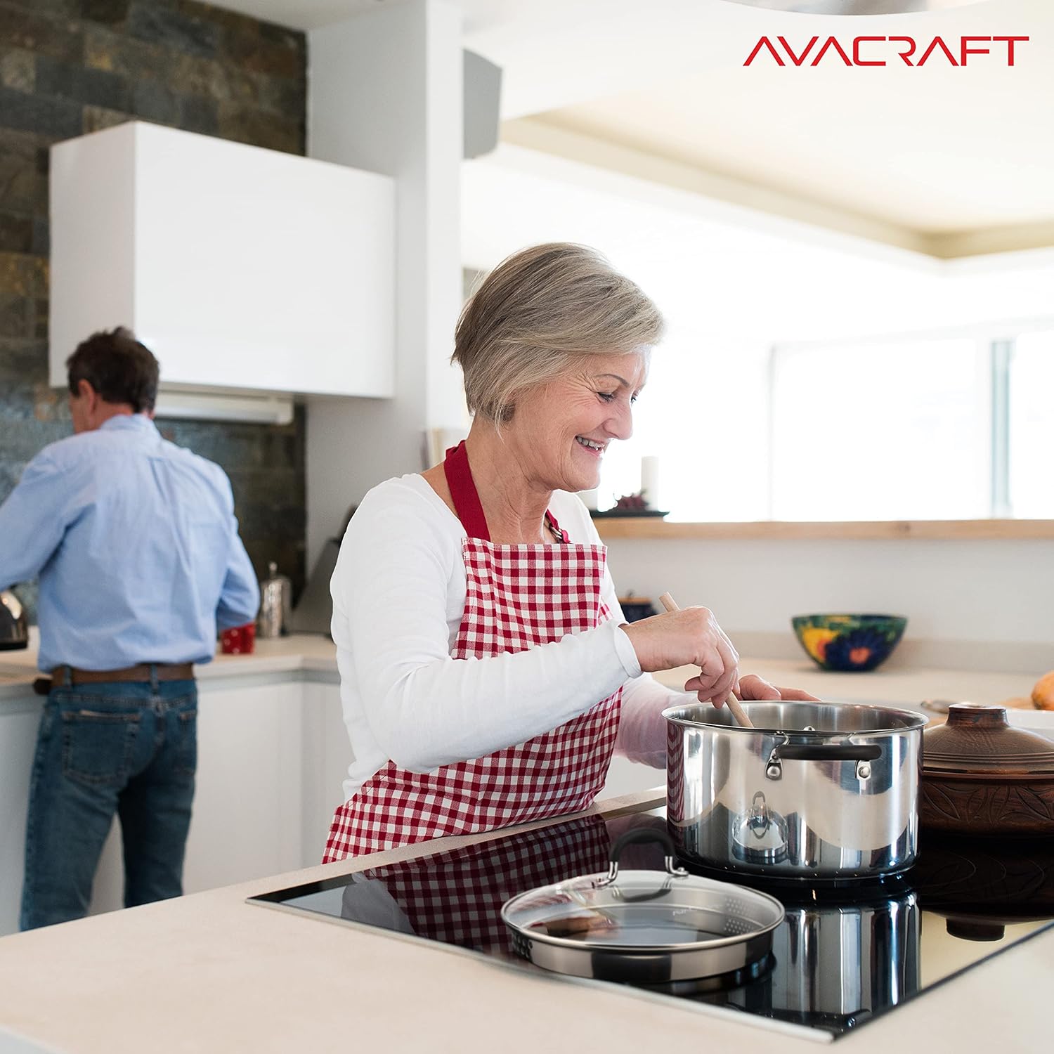 AVACRAFT 6 Quart Stainless Steel Stock Pot with Glass Strainer Lid | 5-Layer Capsule Base, Tempered Glass Strainer Lid, Drip-Free Pour Spouts, Induction Compatible, Dishwasher Safe