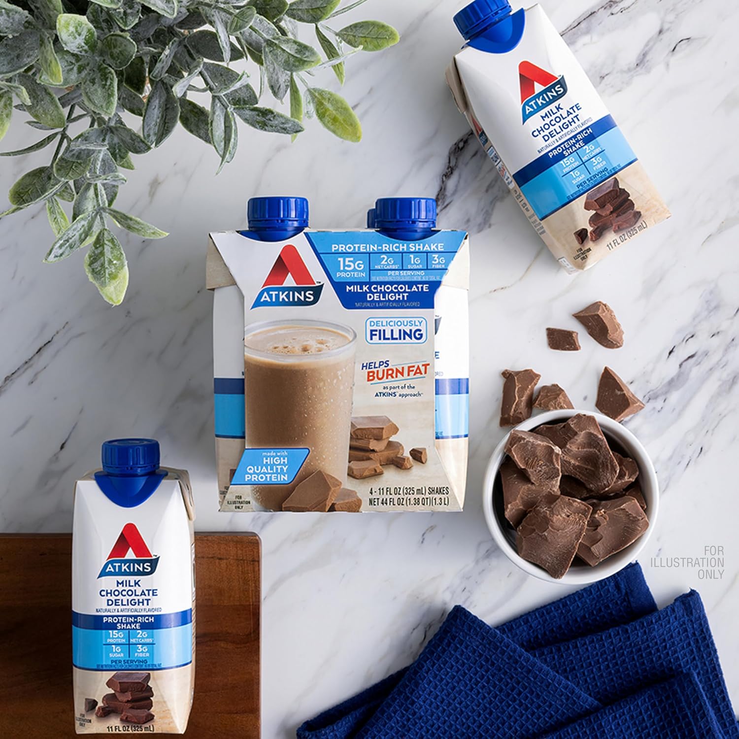 Atkins Milk Chocolate Delight High Protein Shake, 15g Protein, 12 Count | 15g Protein, 3g Fiber, 2g Net Carb, 1g Sugar, Chocolate Flavored, Keto Friendly, Ready to Drink, 12 Count