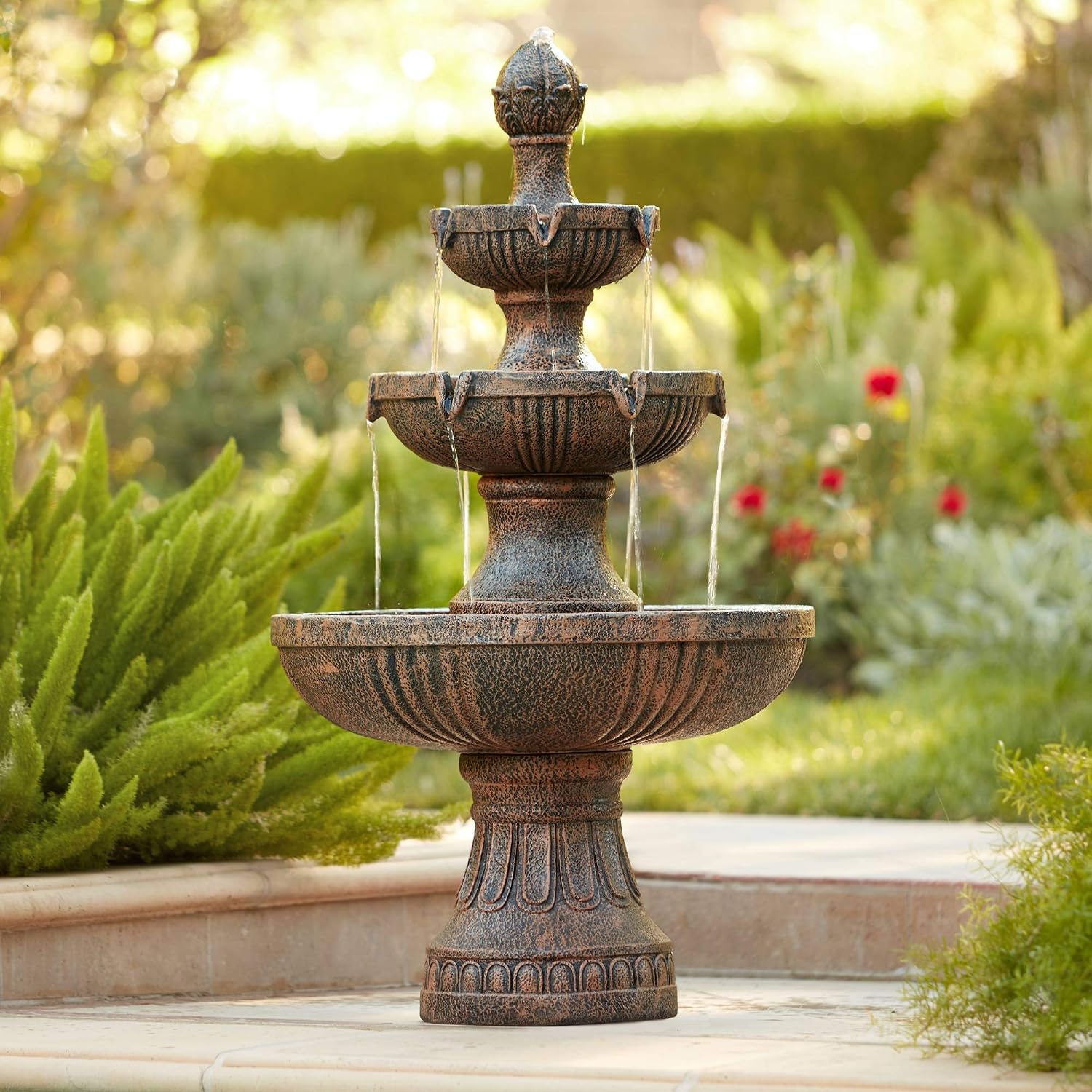 John Timberland Ravenna 43" Large Italian Garden Tiered Outdoor Fountain | Indoor Decor Faux Stone Floor Standing Waterfall 3-Tier Basin Tall Water