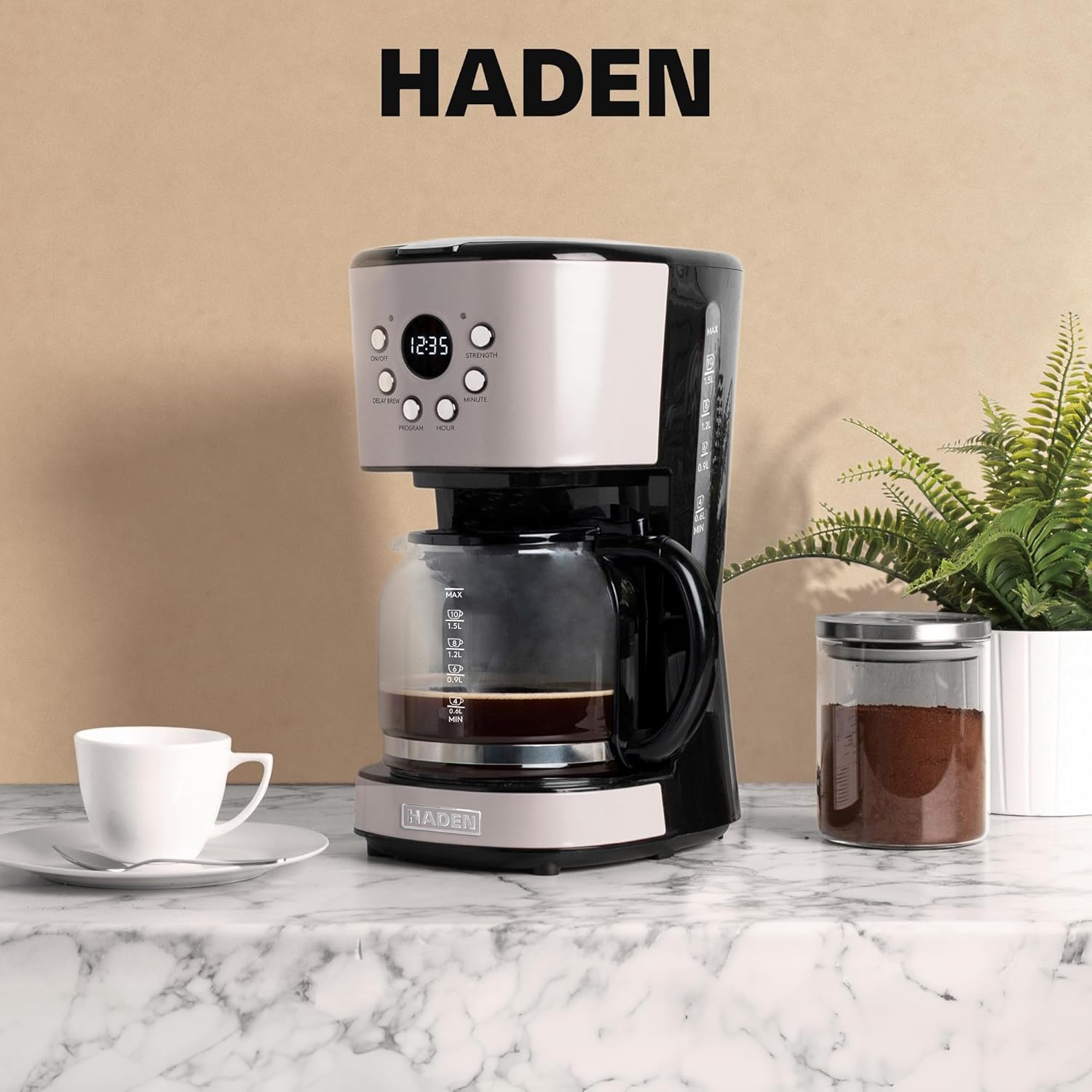 HADEN 12-Cup Programmable Coffee Maker for Home or Office, Putty & Chrome – Drip Brewer Machine with Brew Strength, Delay Brewing